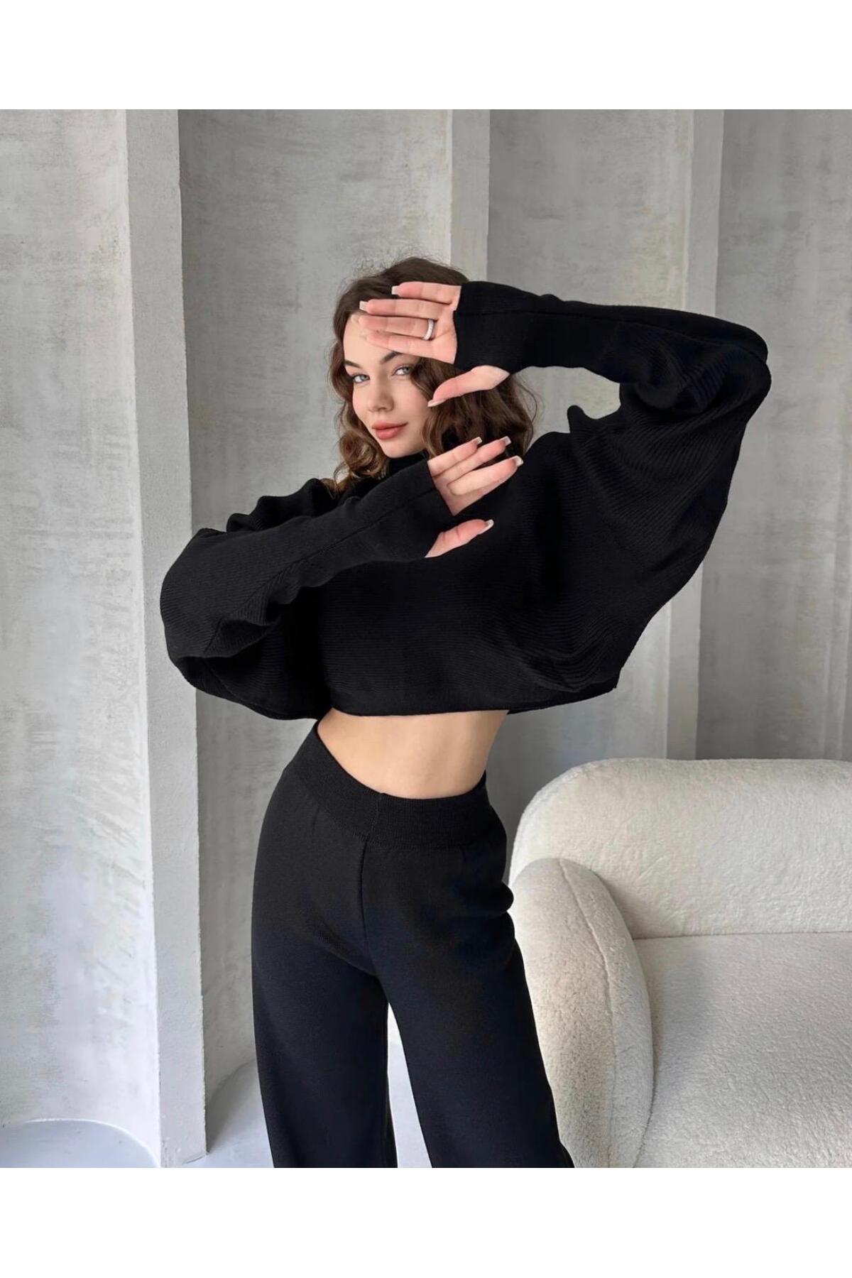 Balıkçi Crop Kazak Ve Pantolon Triko Takım - siyah