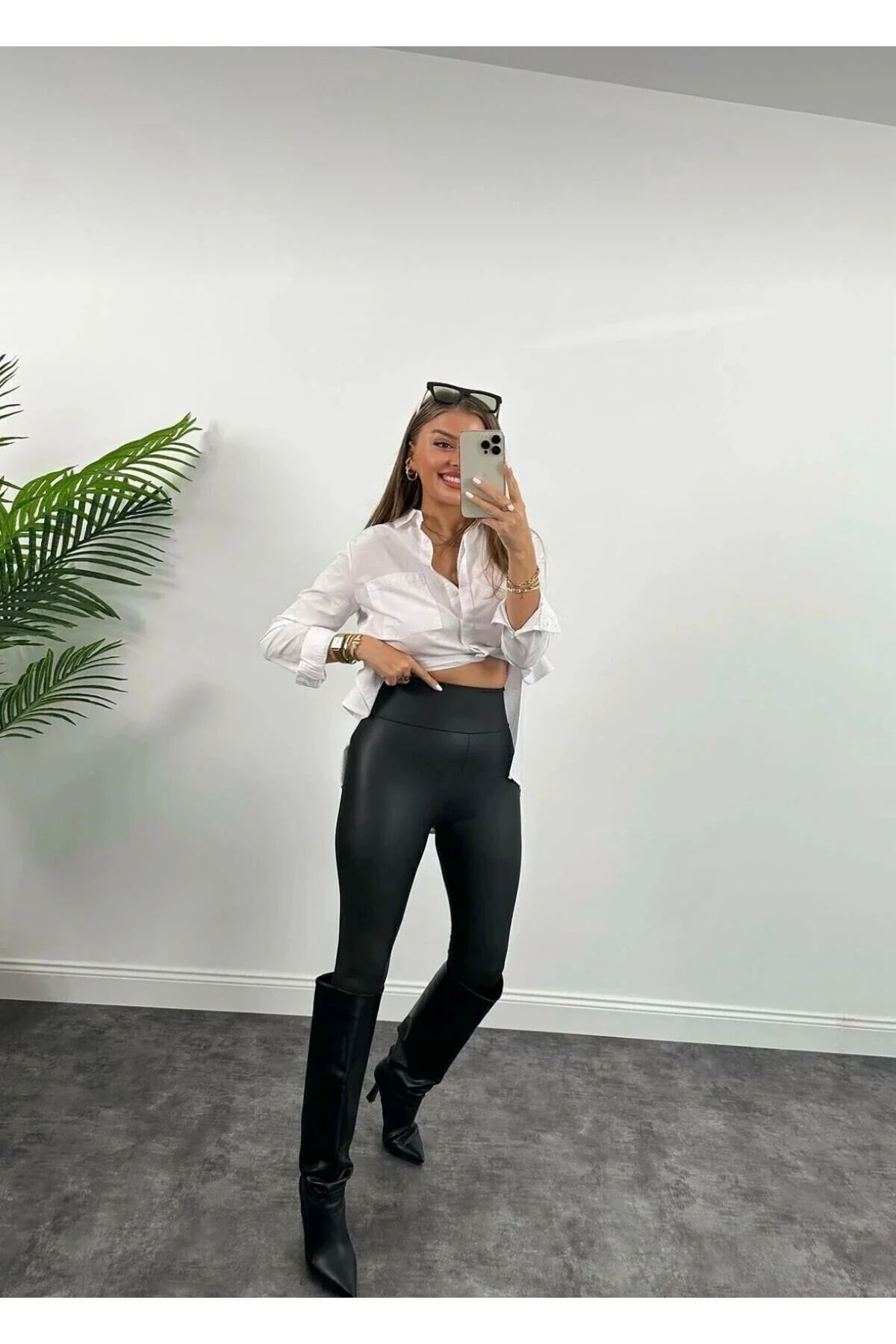 Yüksek Bel Toparlayıcı Mat Deri Tayt