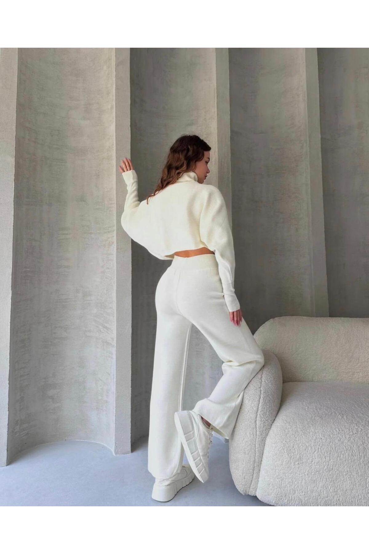 Balıkçi Crop Kazak Ve Pantolon Triko Takım - BEYAZ