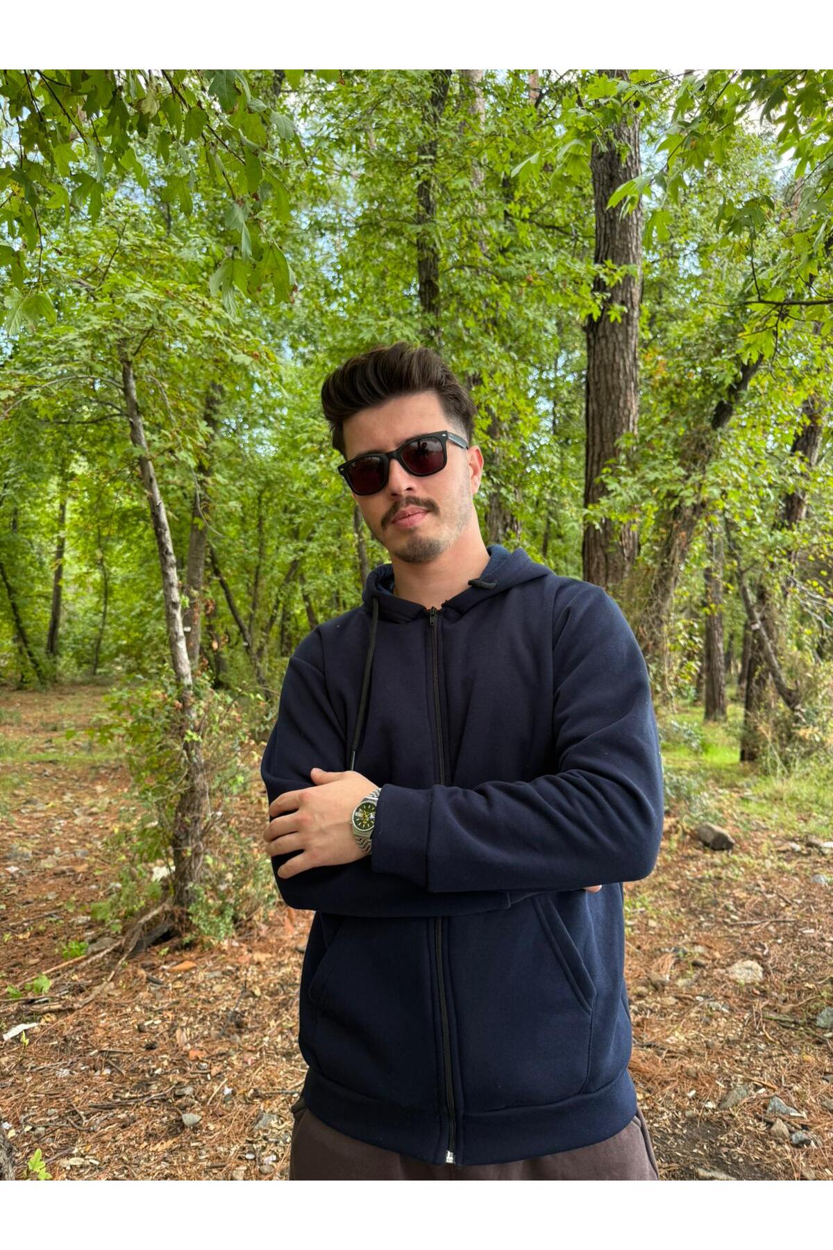 Erkek Oversize Kapüşonlu Tam Fermuarlı Kanguru Cepli Şardonlu Sweatshirt - Lacivert