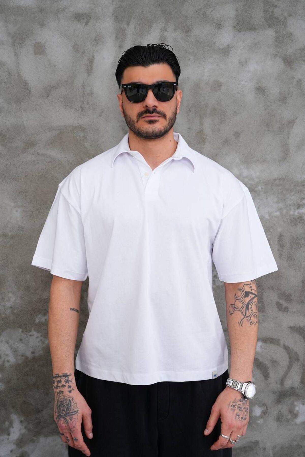 Erkek Polo Yaka Oversize T-shirt - BEYAZ