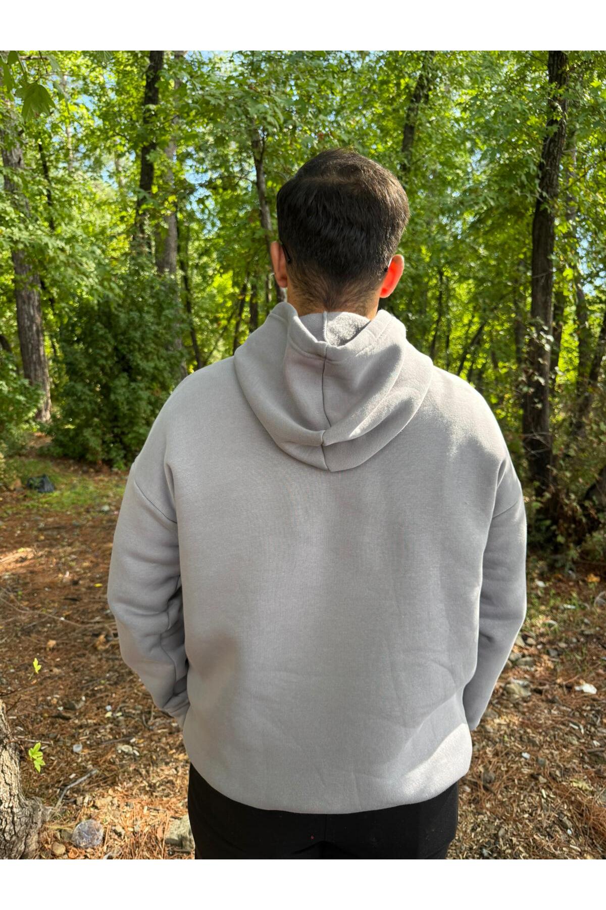Erkek 3 İplik Basic Oversize Kanguru Cepli Kapüşonlu Sweatshirt - açık gri