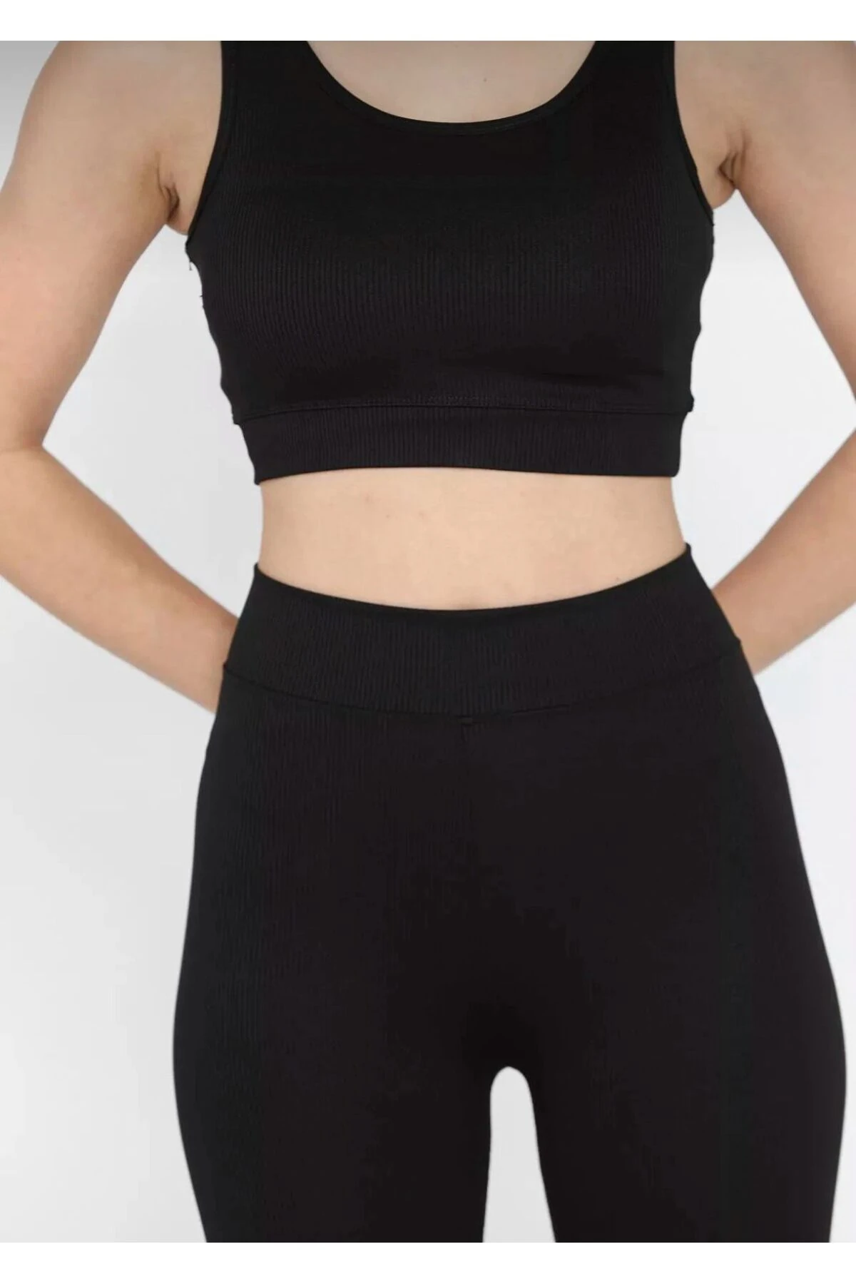 Siyah Kadın Kalın Askılı Fitilli Crop Yüksek Bel Sporcu Tayt İkili Takım