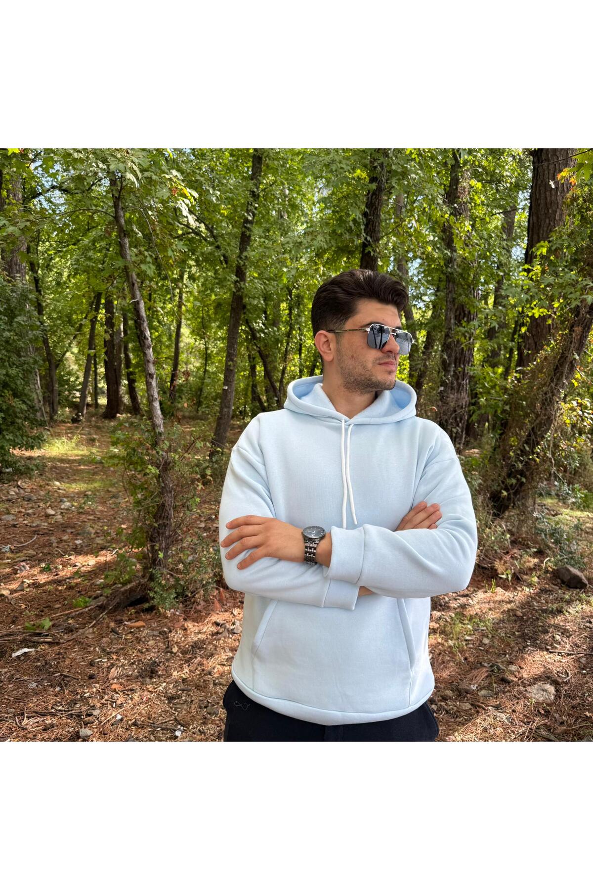 Erkek 3 İplik Basic Oversize Kanguru Cepli Kapüşonlu Sweatshirt - açık mavi