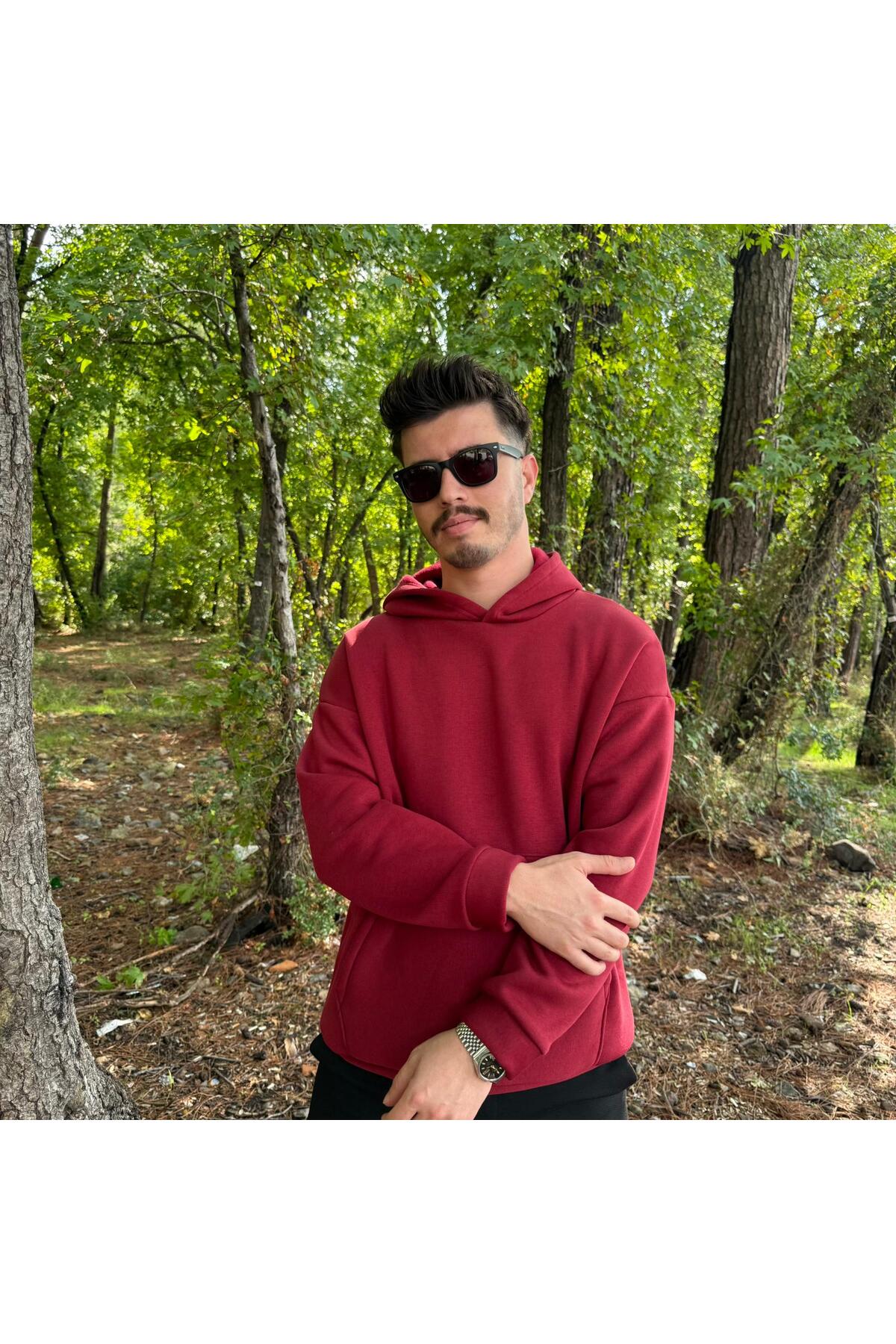 Erkek 3 İplik Basic Oversize Kanguru Cepli Kapüşonlu Sweatshirt - Bordo