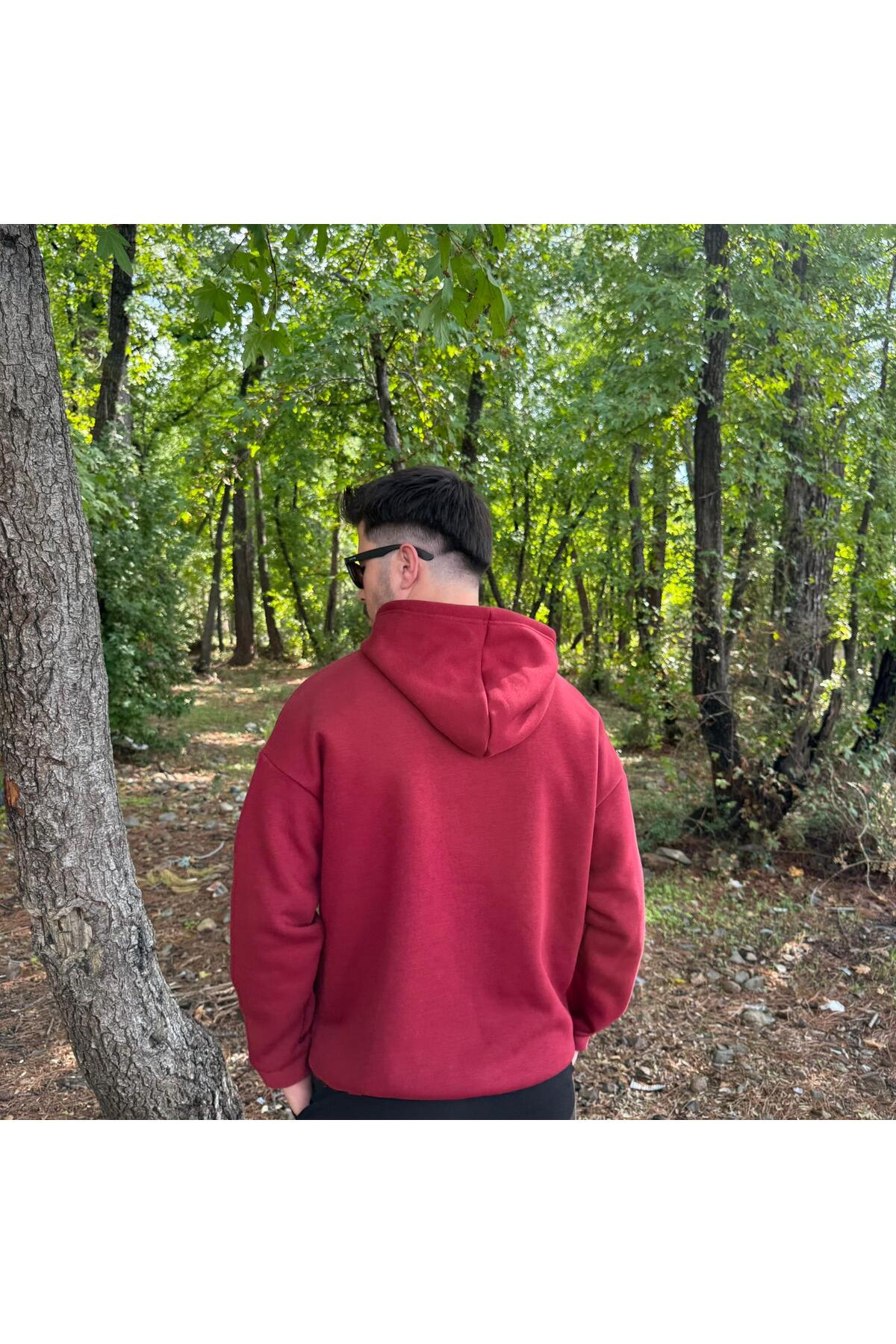 Erkek 3 İplik Basic Oversize Kanguru Cepli Kapüşonlu Sweatshirt - Bordo