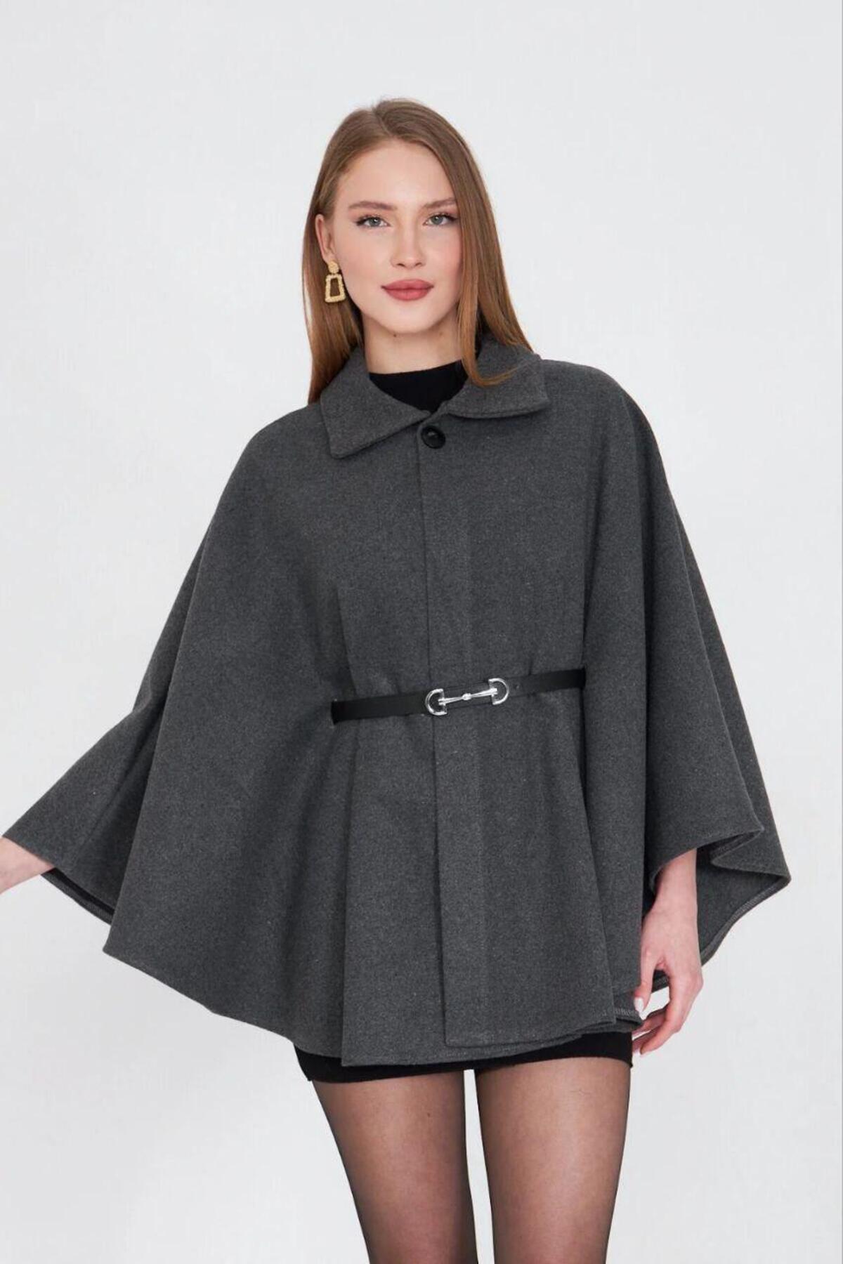 Kadın Kemerli Kaşe Panço - Gri