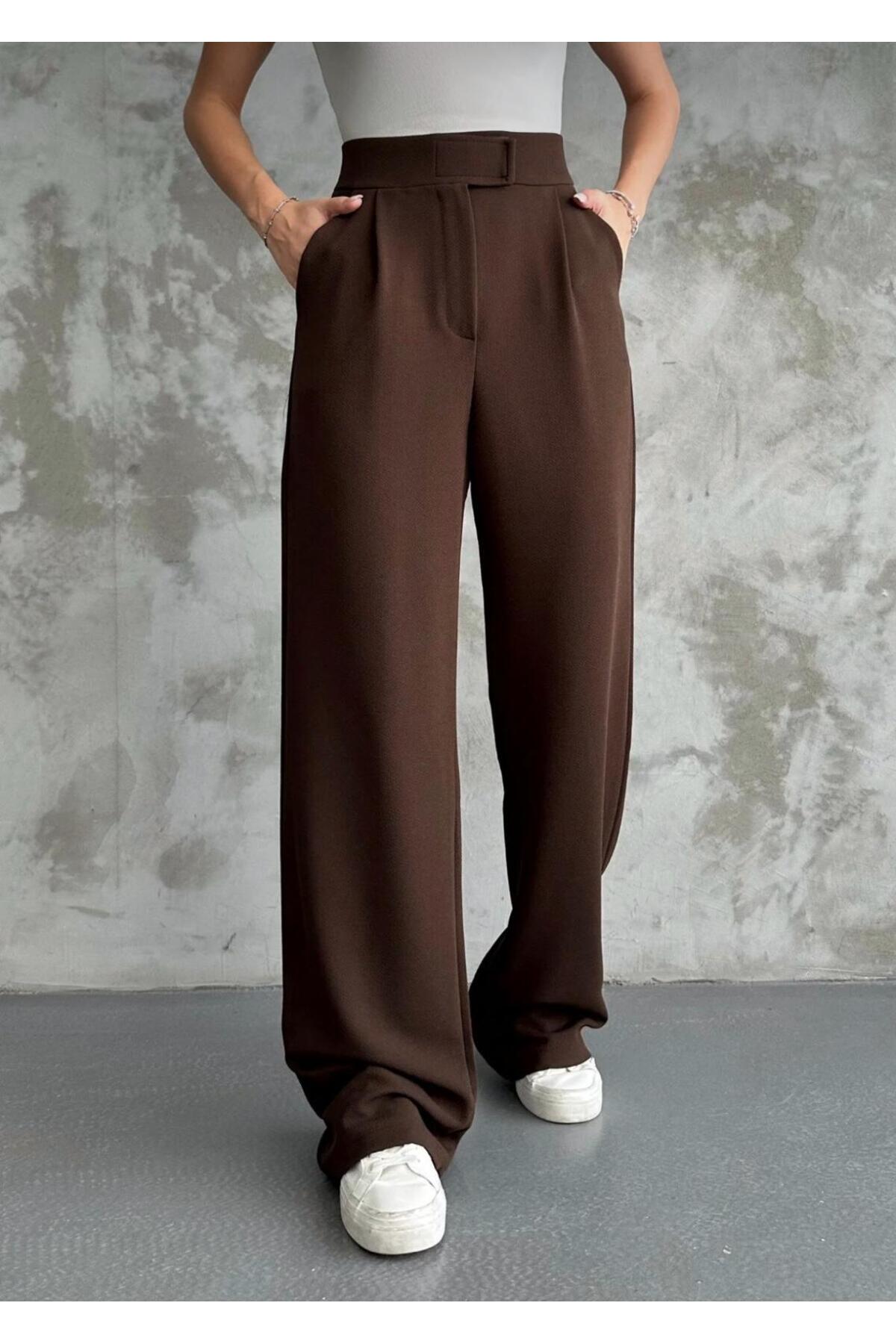 Kadın Likralı Cırt Kapama Palazzo Pantolon - kahverengi