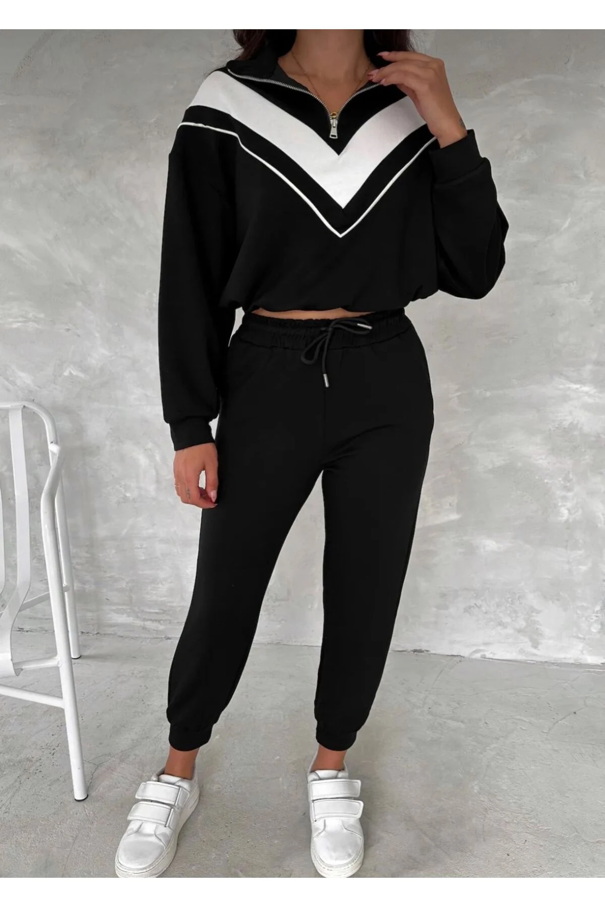 Dik Yaka Yarım Fermuarlı Garnili Modal Kumaş Alt Üst Takım - siyah