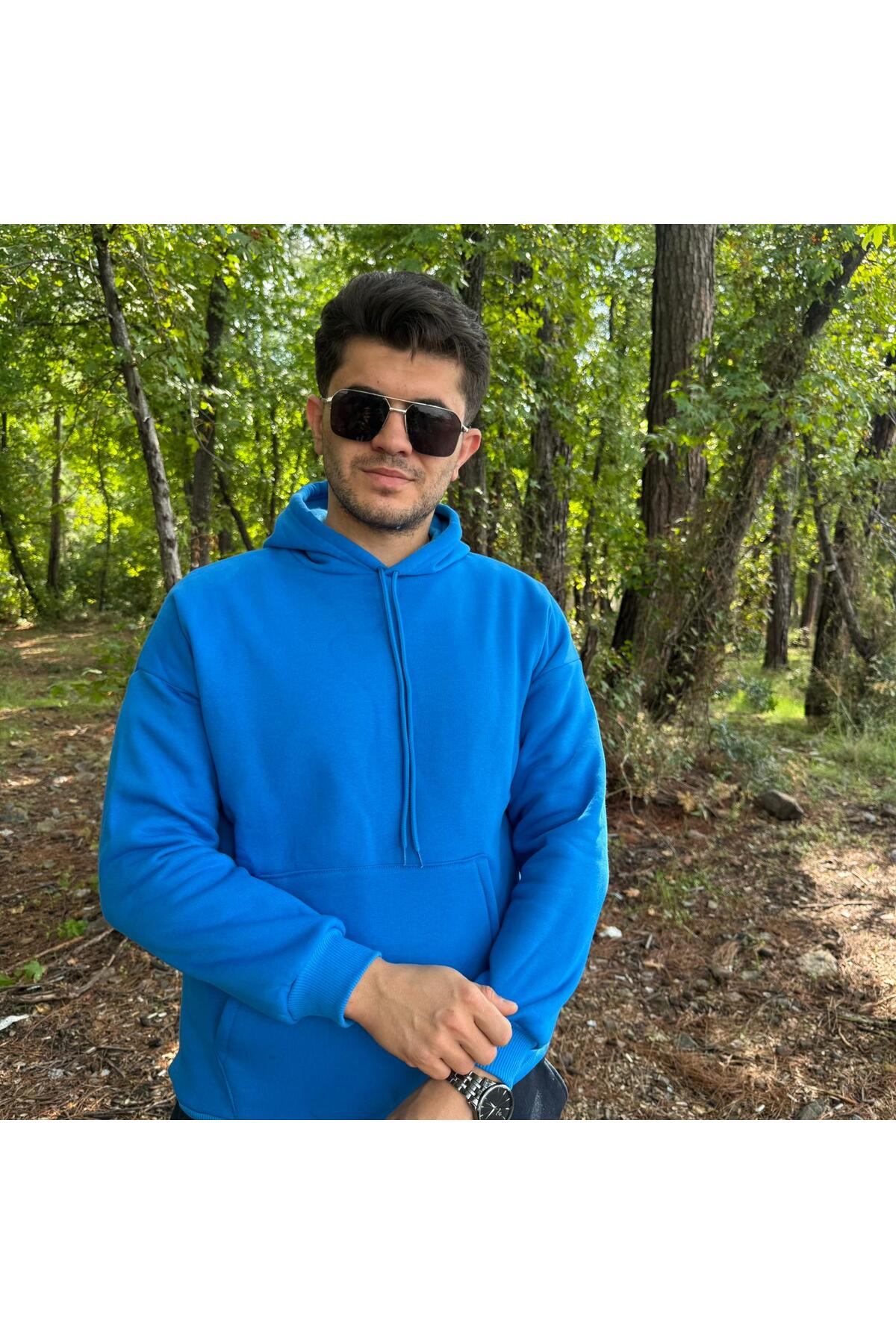 Erkek 3 İplik Basic Oversize Kanguru Cepli Kapüşonlu Sweatshirt - saks mavi