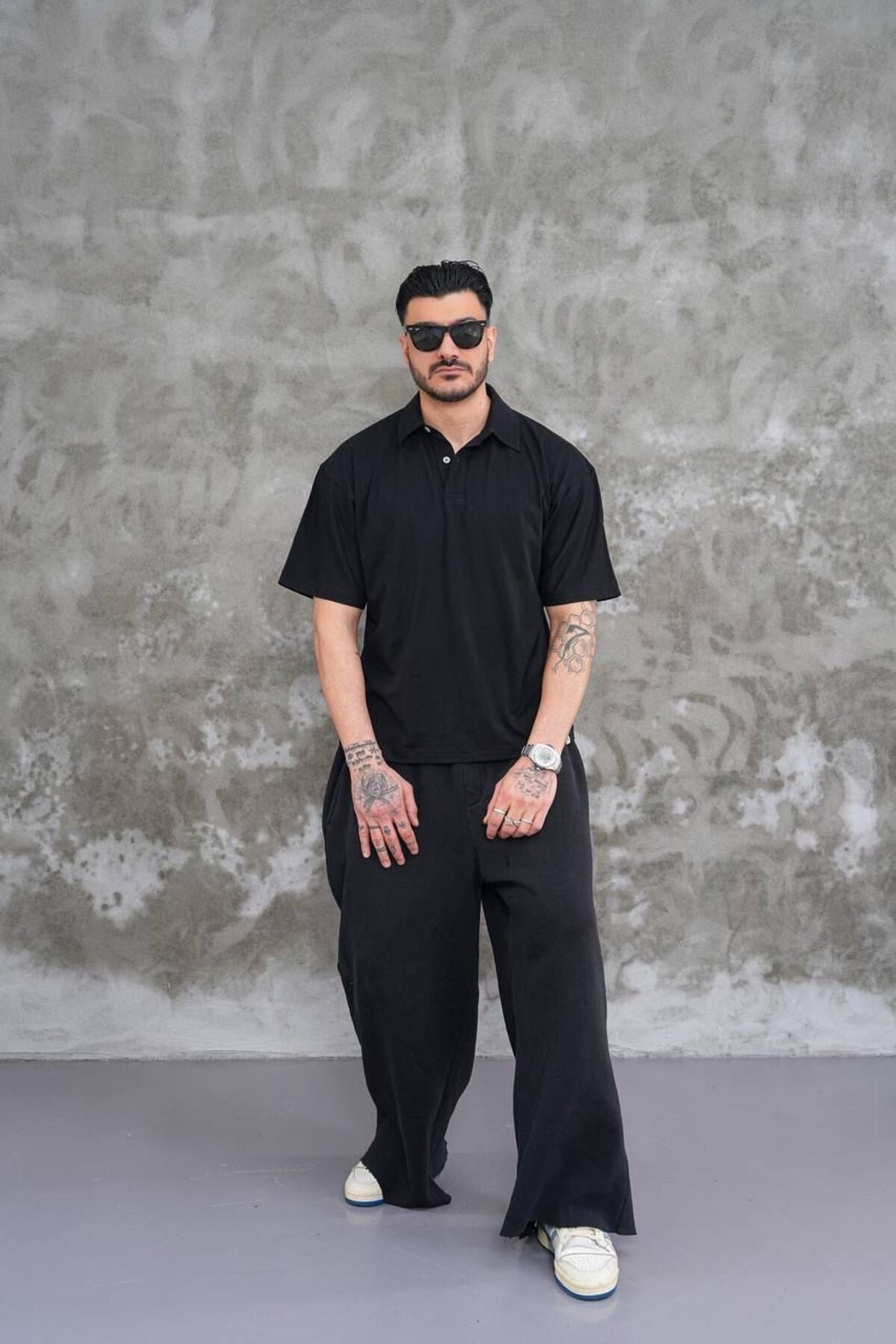 Erkek Polo Yaka Oversize T-shirt - siyah