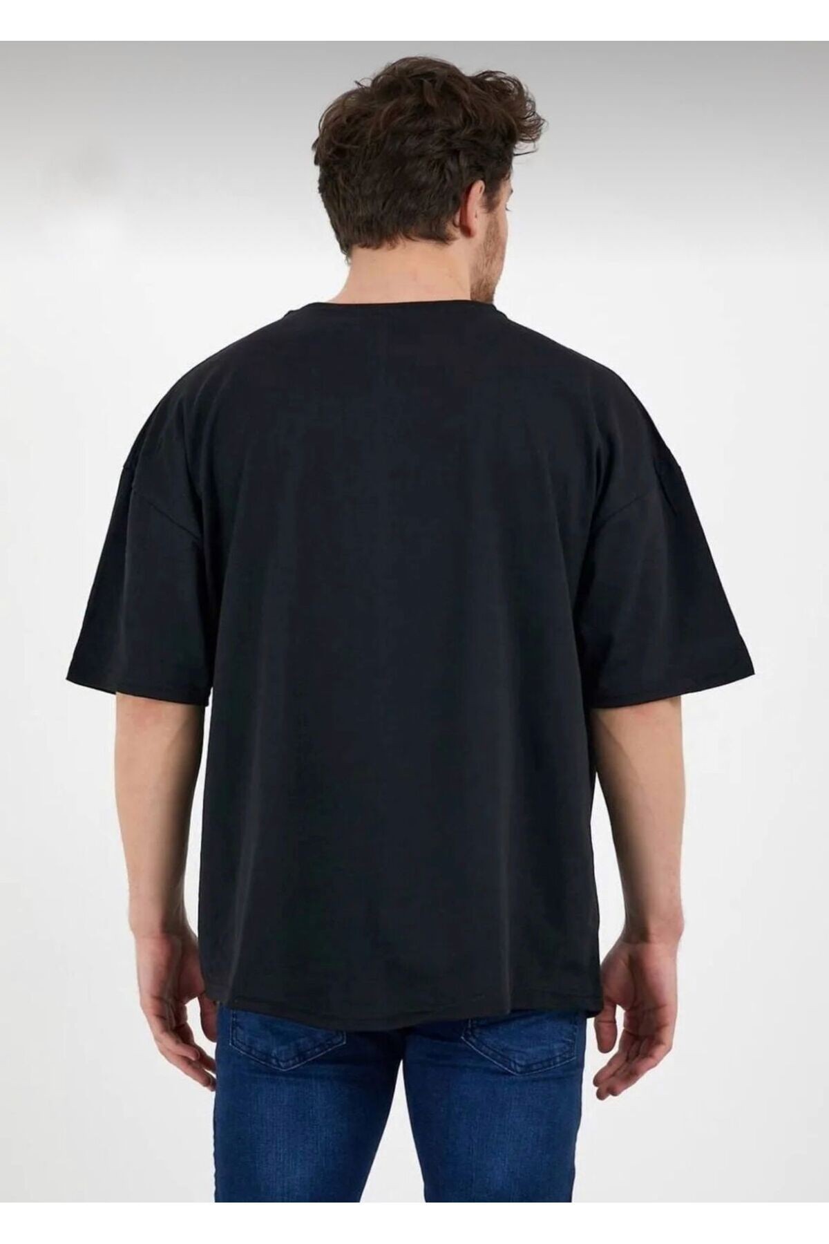 Erkek Oversize Pamuklu Bisiklet Yaka Kısa Kollu T-shirt - siyah