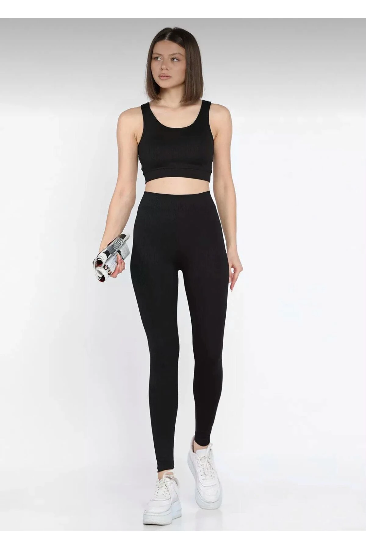 Siyah Kadın Kalın Askılı Fitilli Crop Yüksek Bel Sporcu Tayt İkili Takım