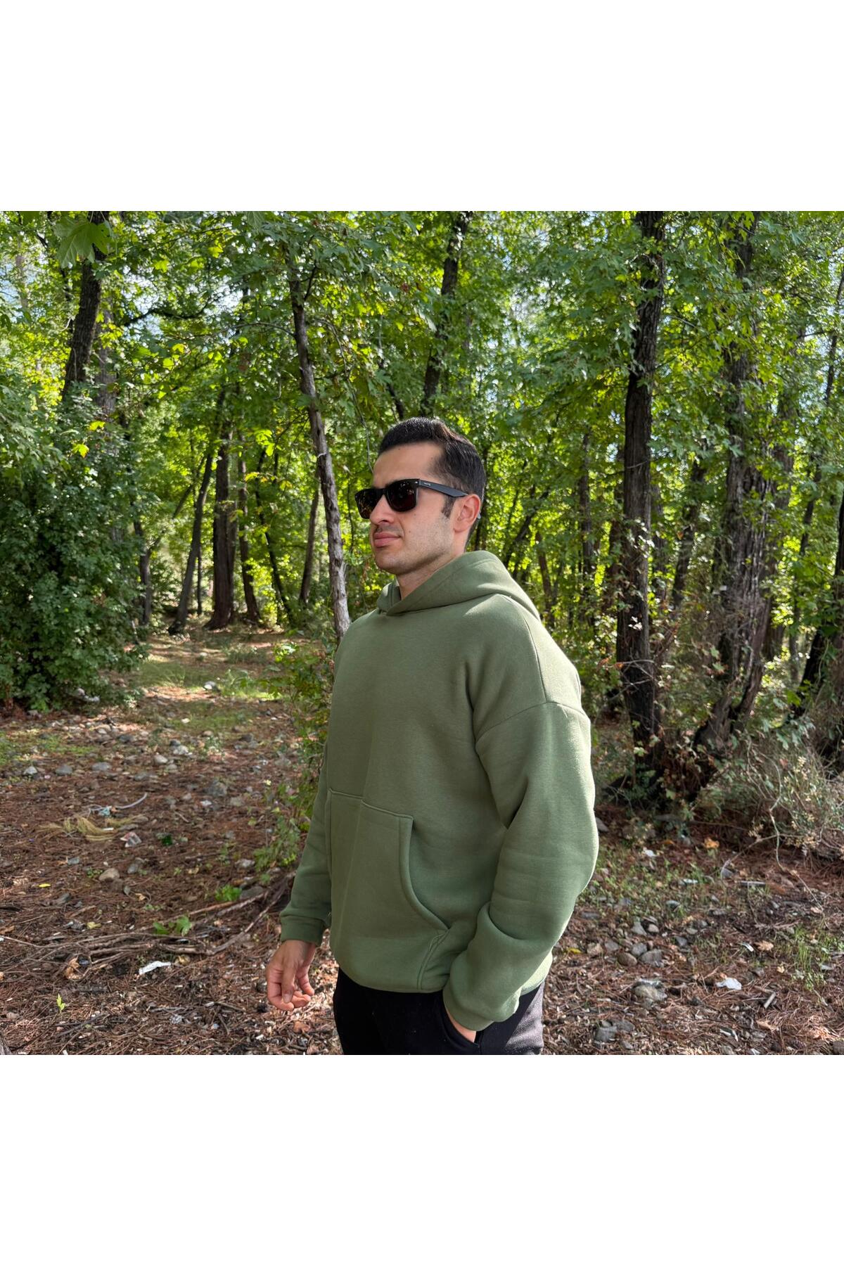 Erkek 3 İplik Basic Oversize Kanguru Cepli Kapüşonlu Sweatshirt - açık haki