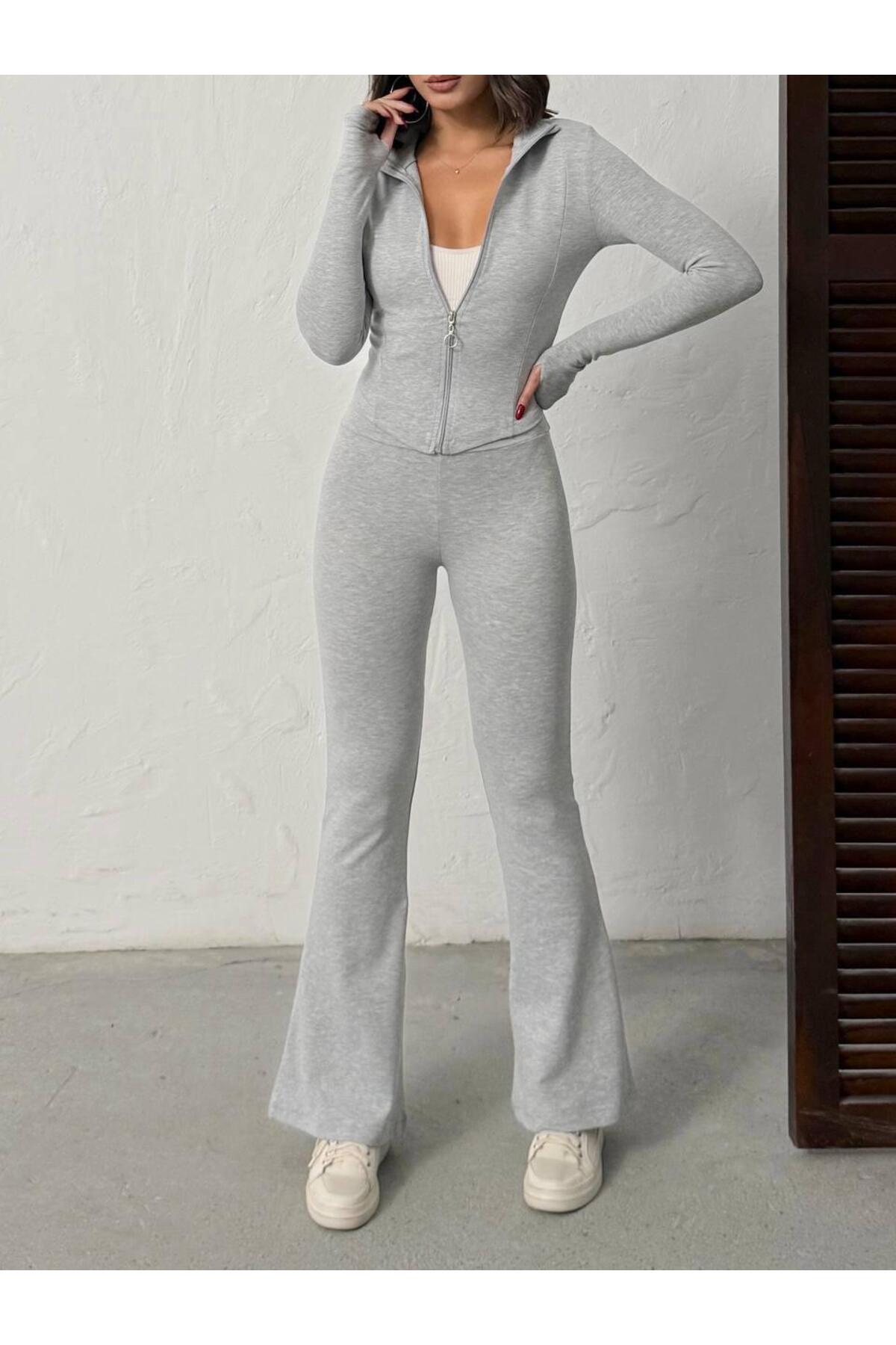 Kadın Gri Parmak Geçirmeli Ribana Kumaş Takım