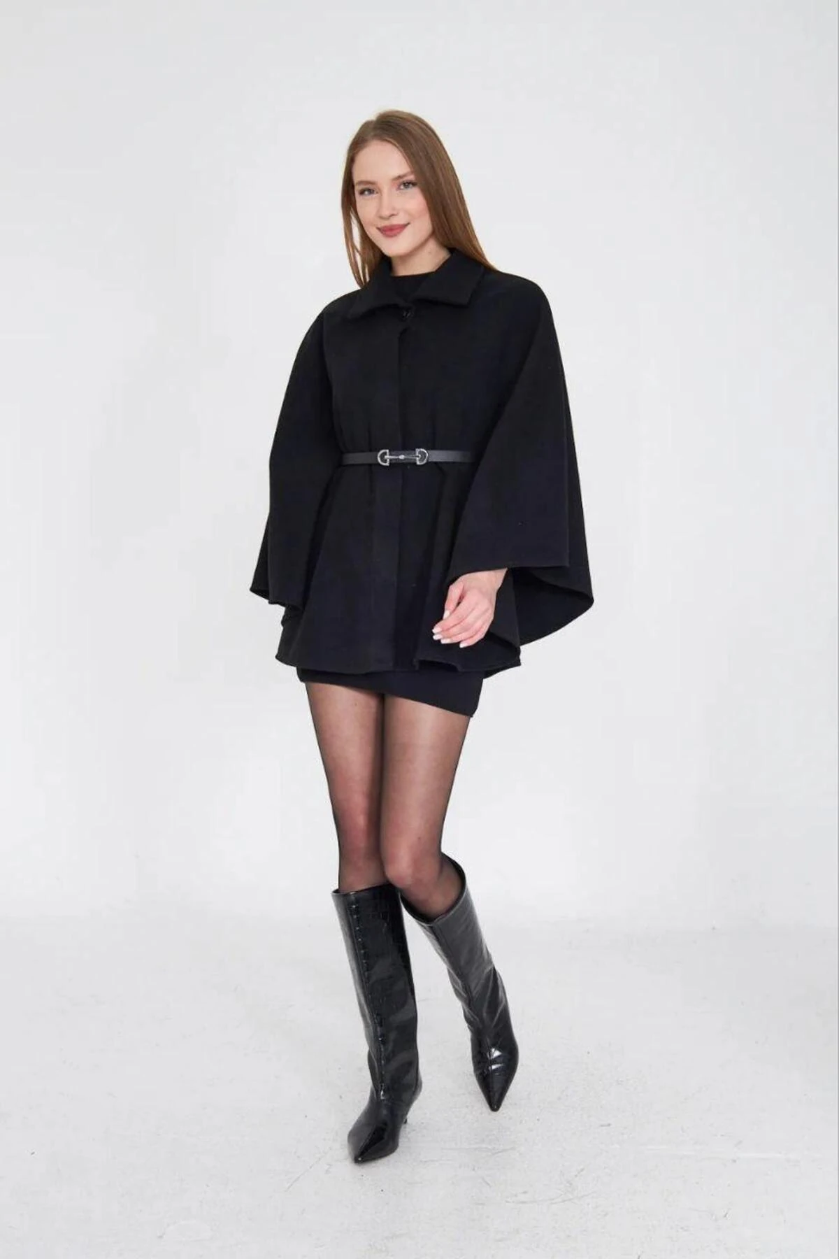 Kadın Kemerli Kaşe Panço - siyah