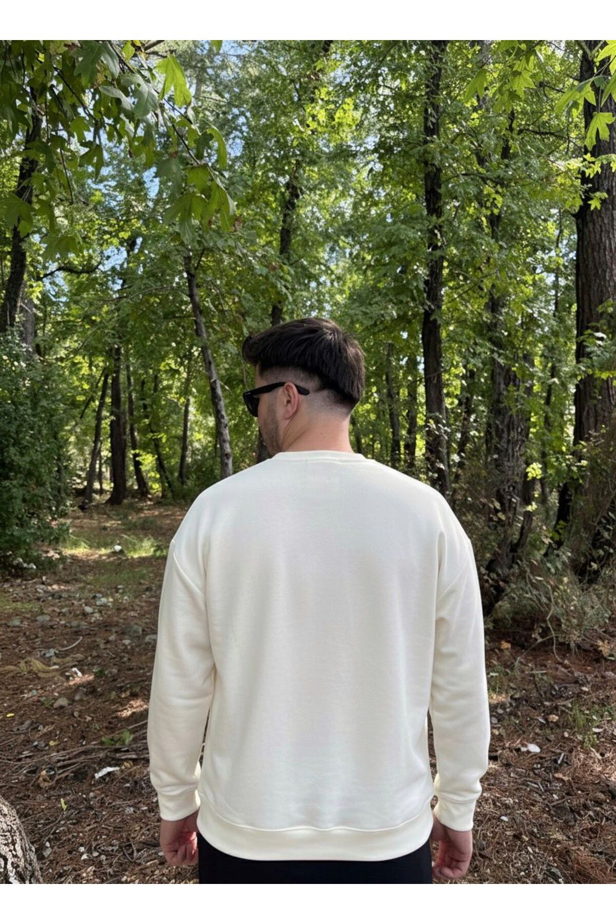 Erkek Oversize Bisiklet Yaka Geniş Kesim Sweatshirt - BEYAZ