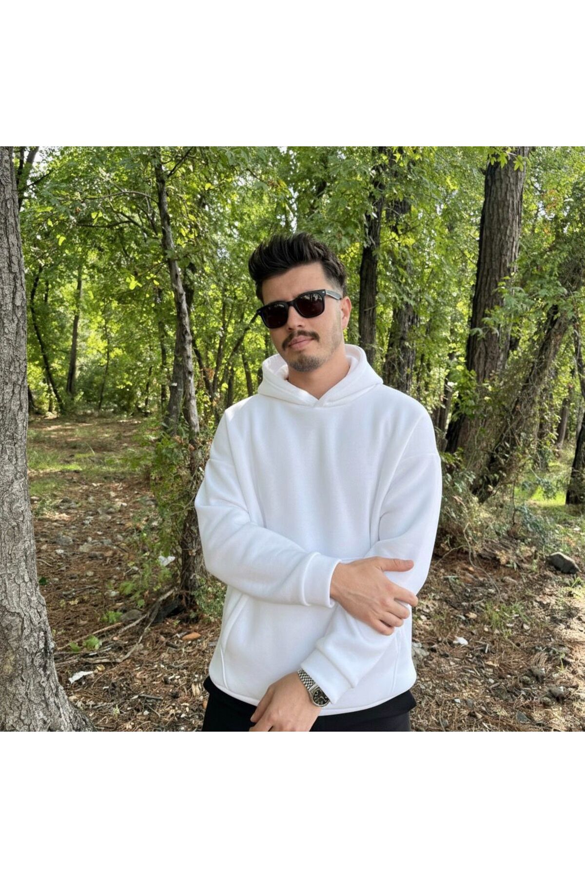 Erkek 3 İplik Basic Oversize Geniş Kesim Kanguru Cepli Kapüşonlu Sweatshirt - L