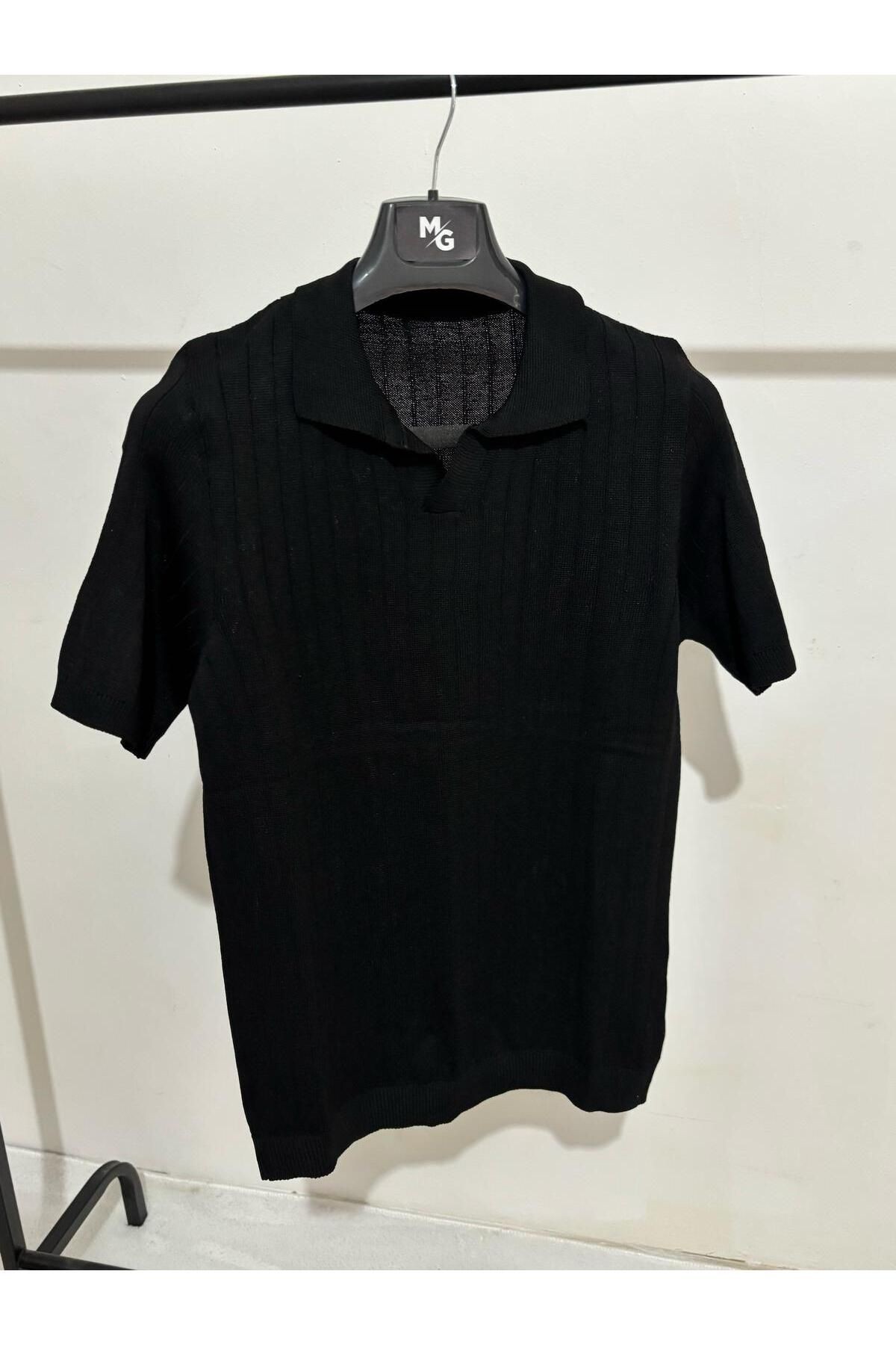 Apaş Yaka Triko T-shirt - siyah