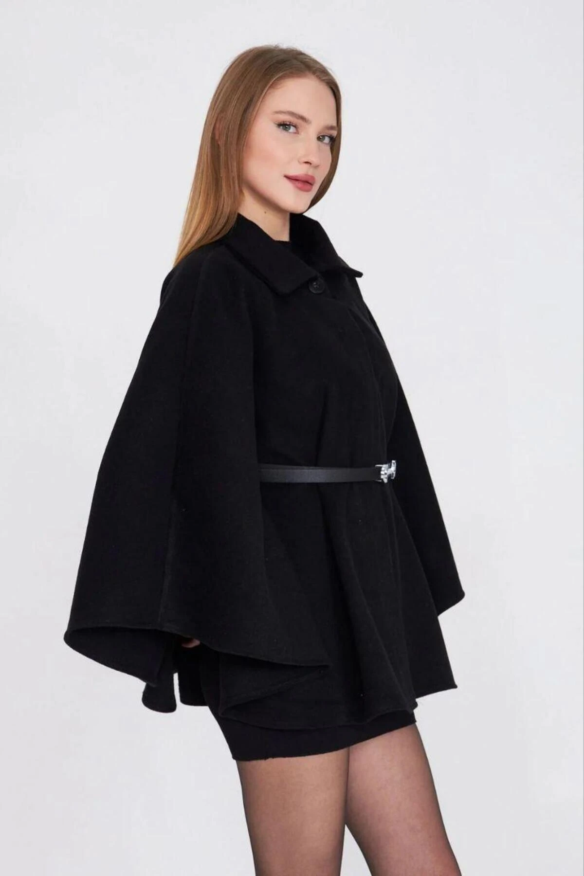 Kadın Kemerli Kaşe Panço - siyah