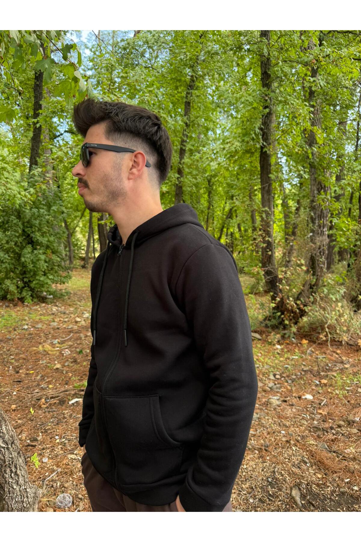 Erkek Oversize Kapüşonlu Tam Fermuarlı Kanguru Cepli Şardonlu Sweatshirt - siyah