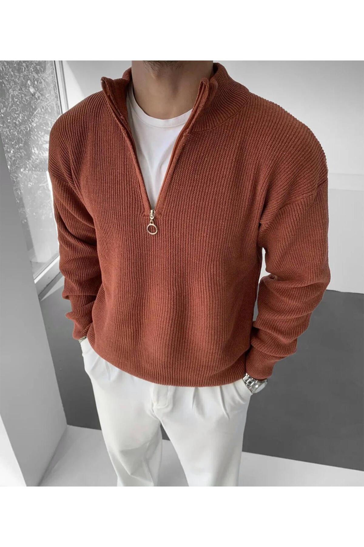Erkek Kazak Yarım Fermuar Detaylı Triko - kiremit