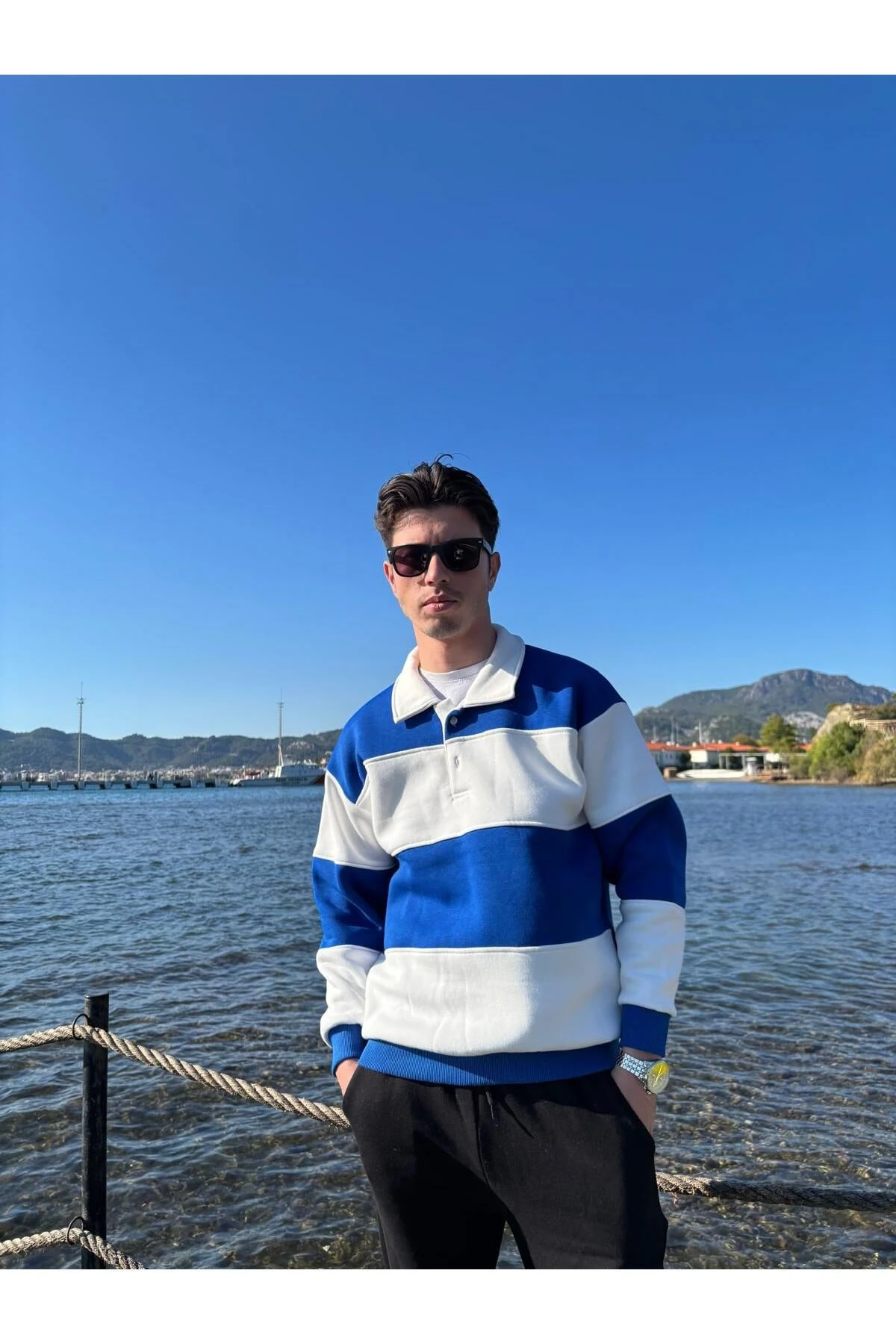 3 İplik Polo Yaka Parçali Oversize Sweatshirt