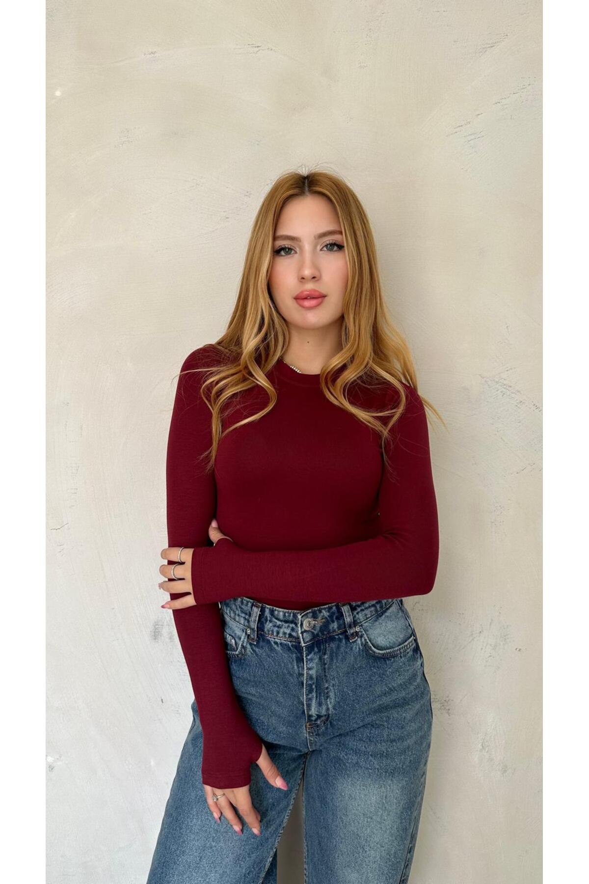 Kadın Bordo Likralı Uzun Kollu Basic Body – Fit Kalıp, Esnek ve Yumuşak Dokulu - Bordo