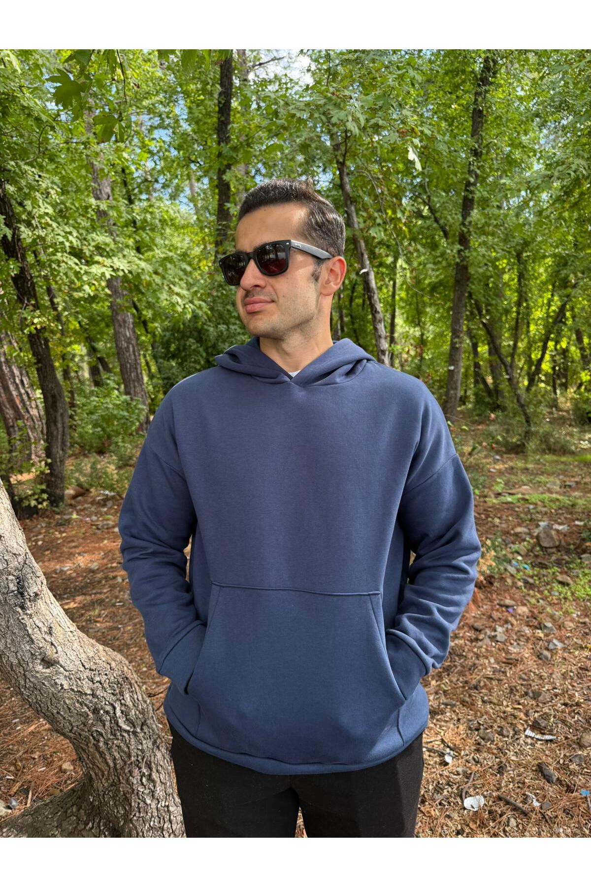 Erkek 3 İplik Basic Oversize Kanguru Cepli Kapüşonlu Sweatshirt - Lacivert