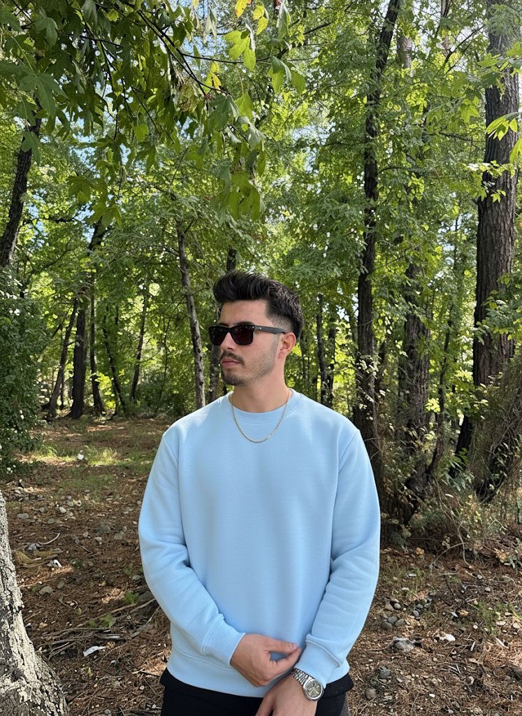 Erkek Oversize Bisiklet Yaka Geniş Kesim Sweatshirt - bebe mavi