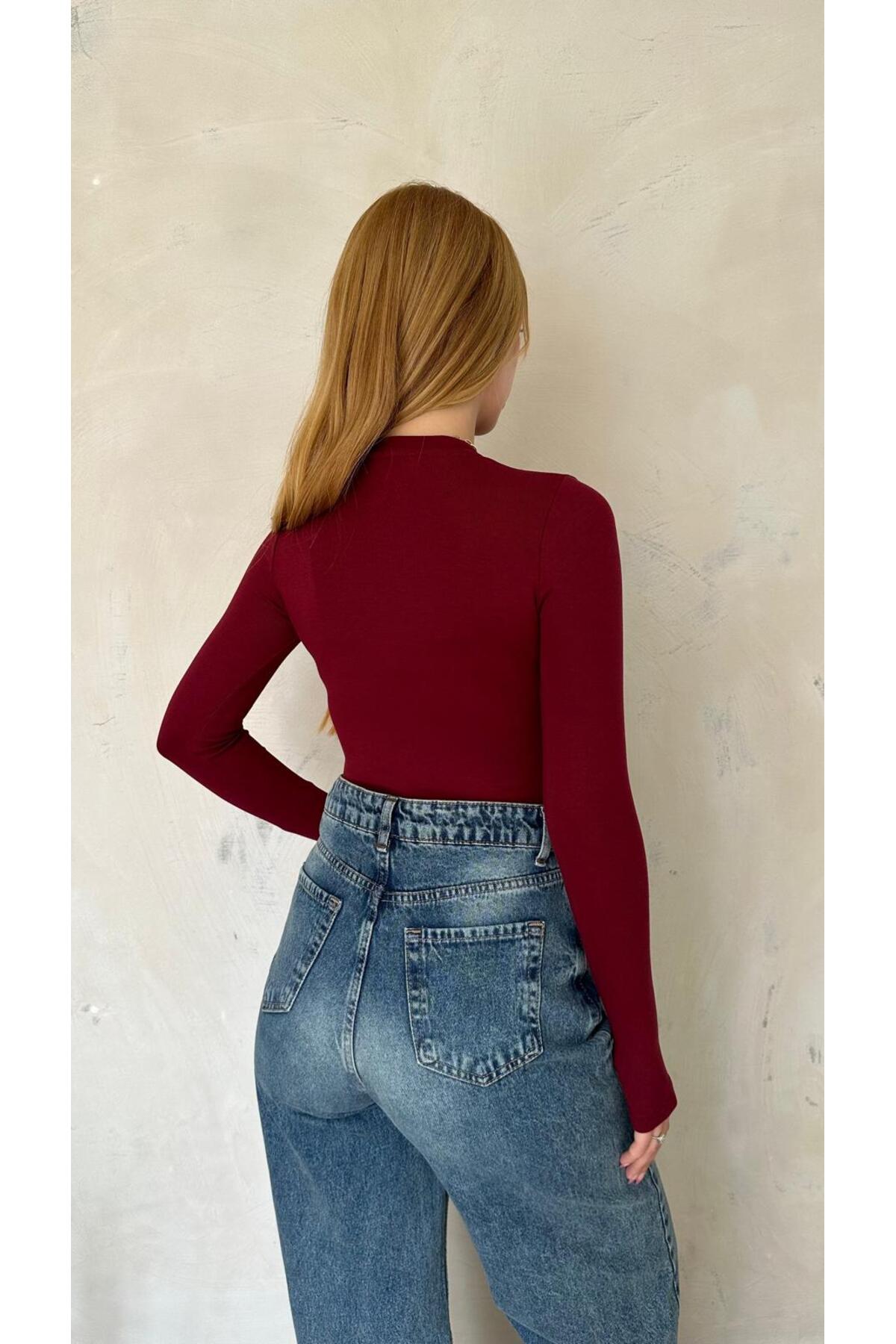 Kadın Bordo Likralı Uzun Kollu Basic Body – Fit Kalıp, Esnek ve Yumuşak Dokulu - Bordo