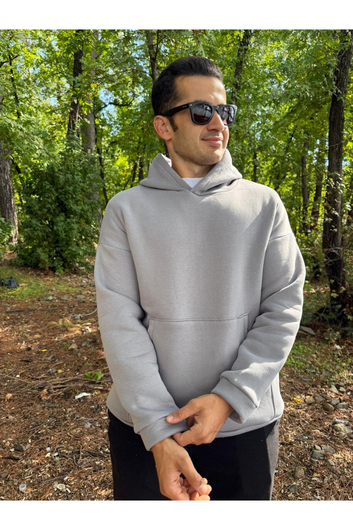Erkek 3 İplik Basic Oversize Kanguru Cepli Kapüşonlu Sweatshirt - açık gri