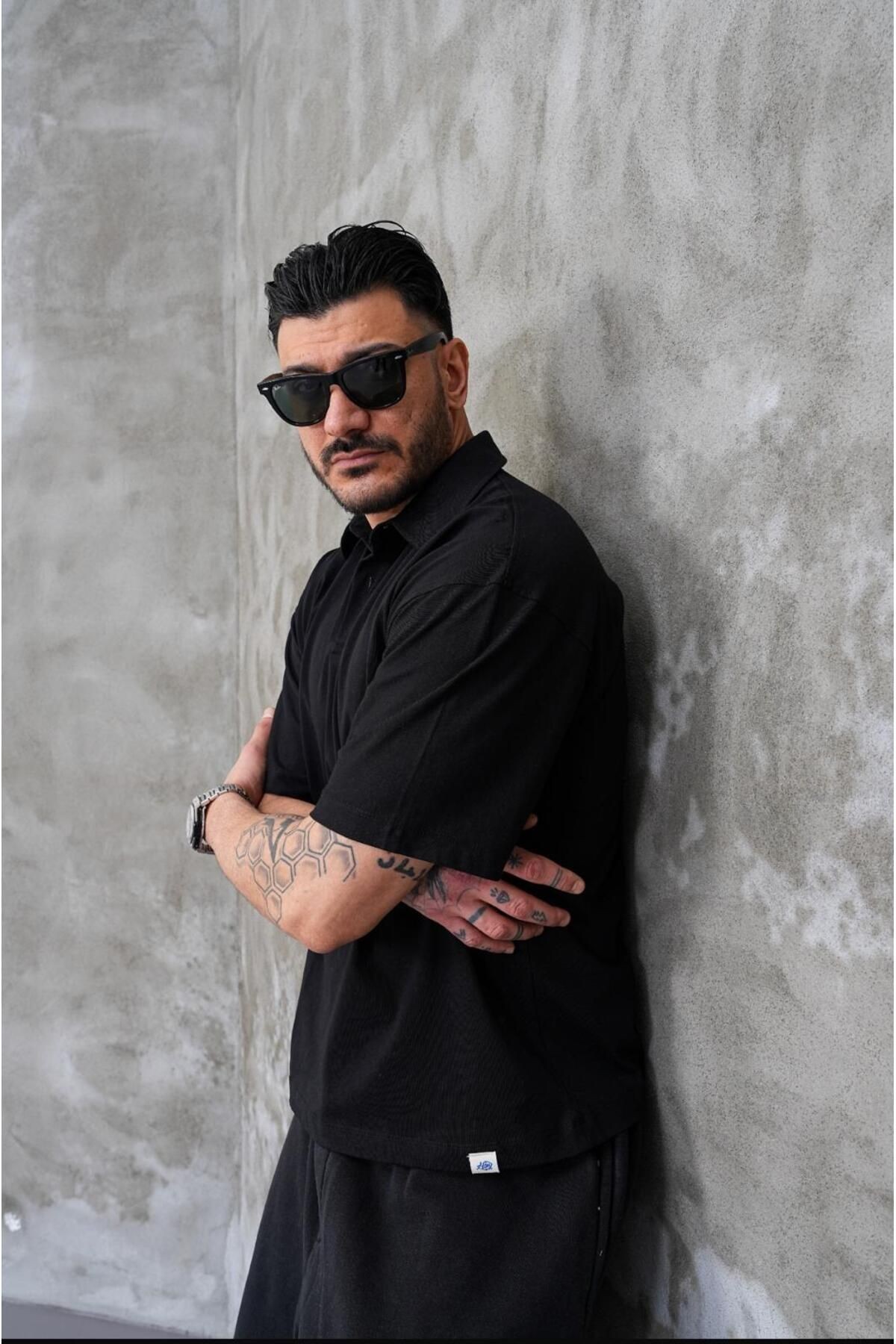 Erkek Polo Yaka Oversize T-shirt - siyah