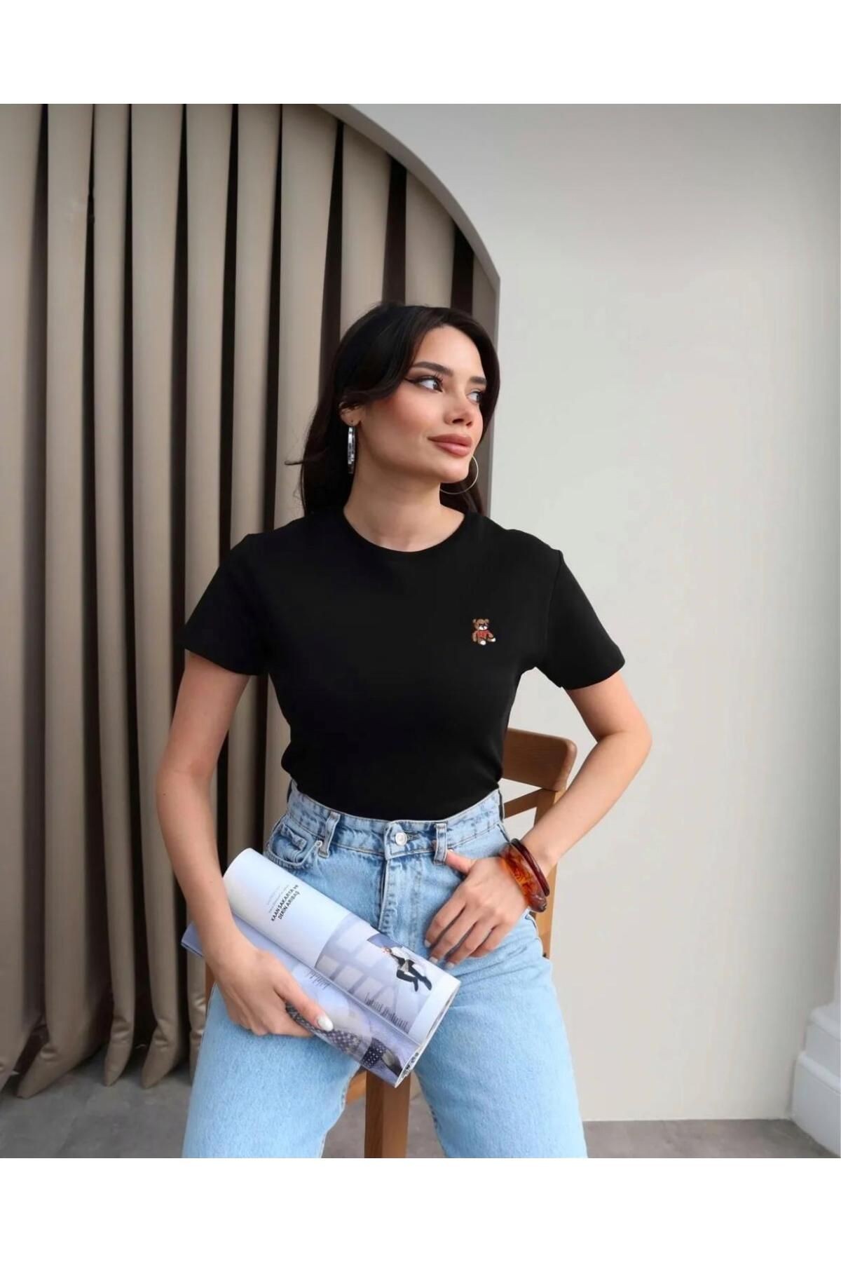 Teedy Bear Nakışlı Crop T-shirt - siyah