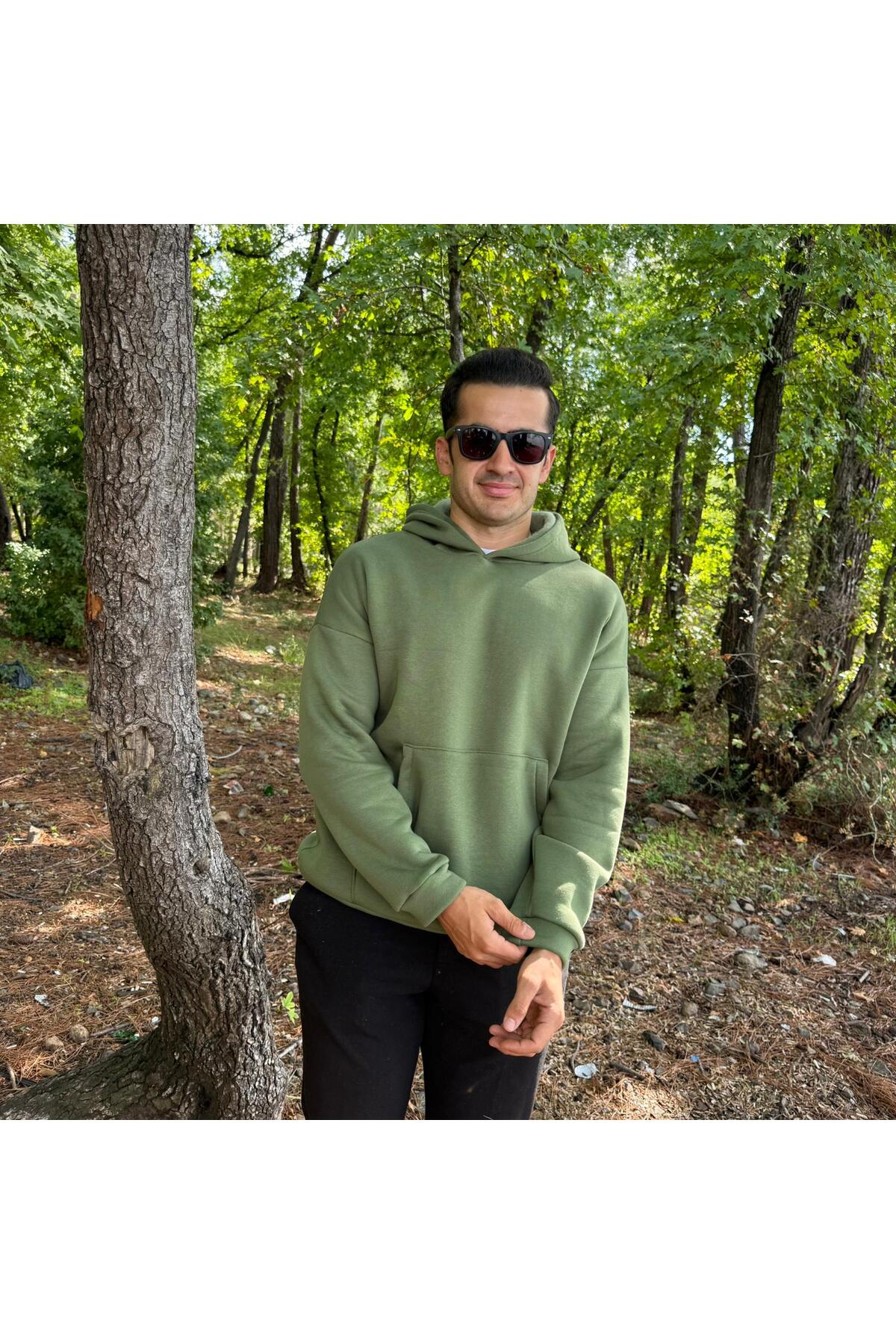 Erkek 3 İplik Basic Oversize Kanguru Cepli Kapüşonlu Sweatshirt - açık haki