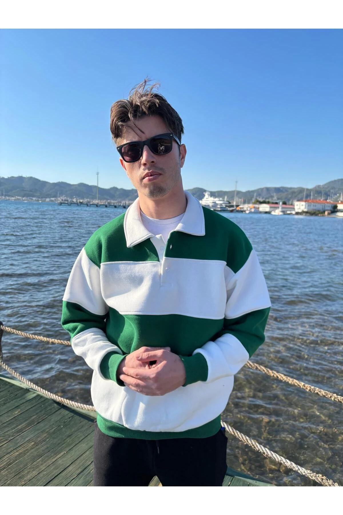 3 İplik Polo Yaka Parçali Oversize Sweatshirt