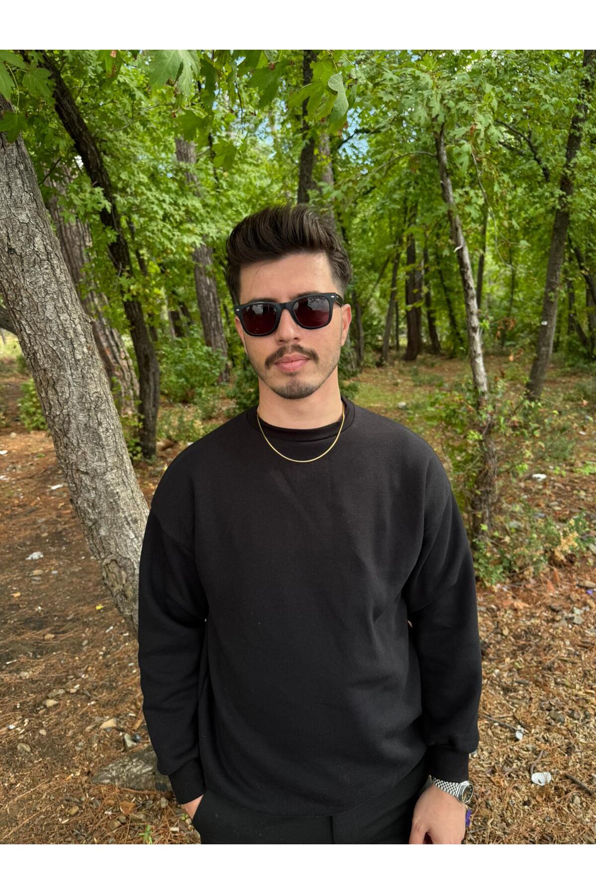 Erkek Oversize Bisiklet Yaka Basic Sweatshirt - siyah