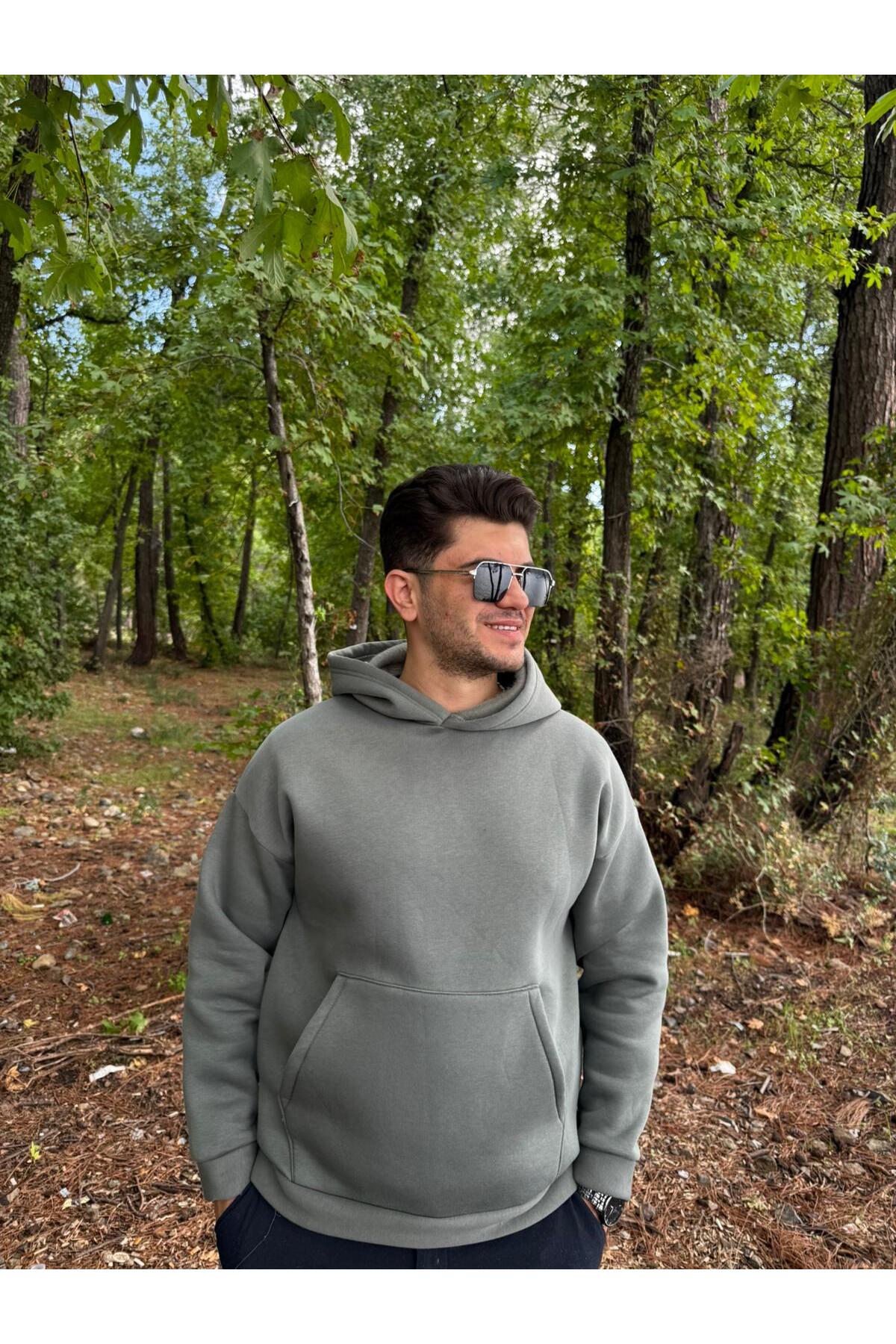 Erkek 3 İplik Basic Oversize Kanguru Cepli Kapüşonlu Sweatshirt - haki yeşil