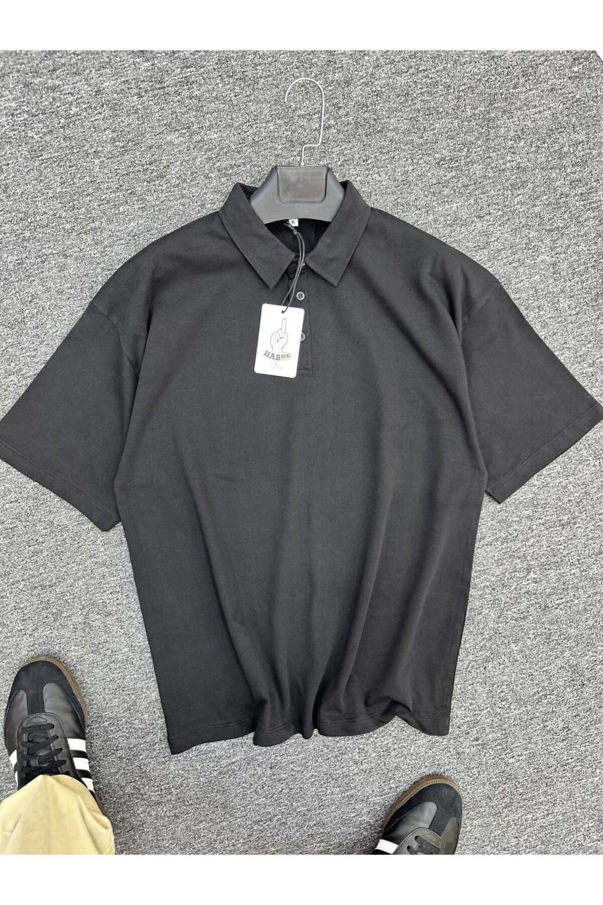 Erkek Polo Yaka Oversize T-shirt - siyah