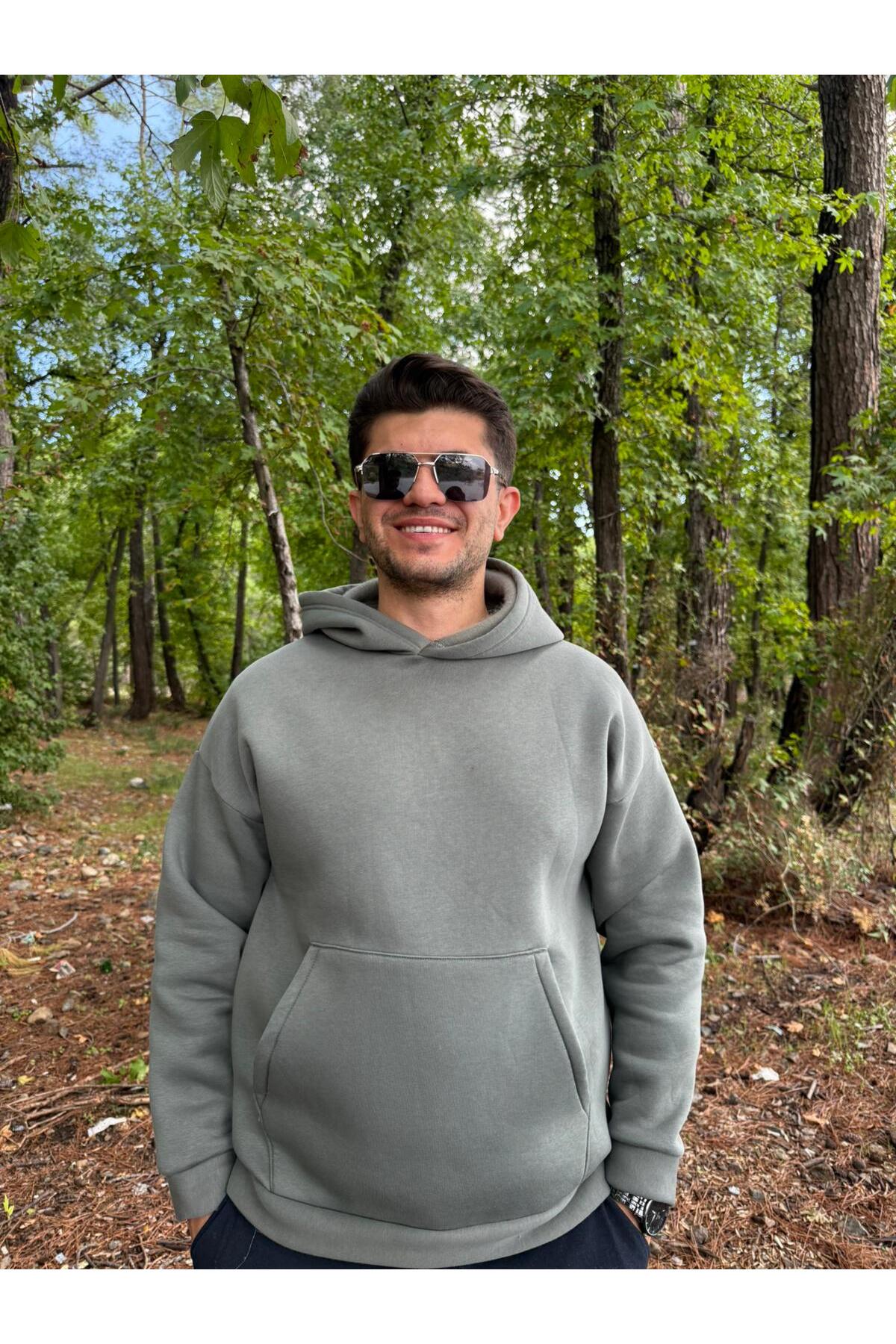 Erkek 3 İplik Basic Oversize Kanguru Cepli Kapüşonlu Sweatshirt - haki yeşil