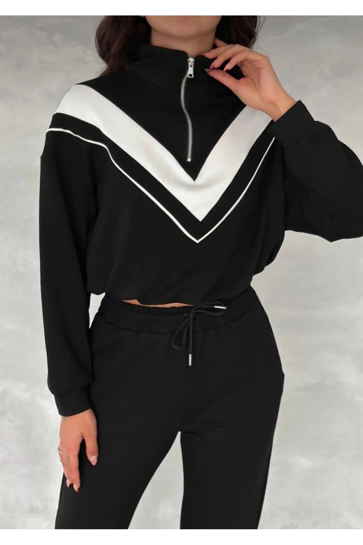 Dik Yaka Yarım Fermuarlı Garnili Modal Kumaş Alt Üst Takım - siyah