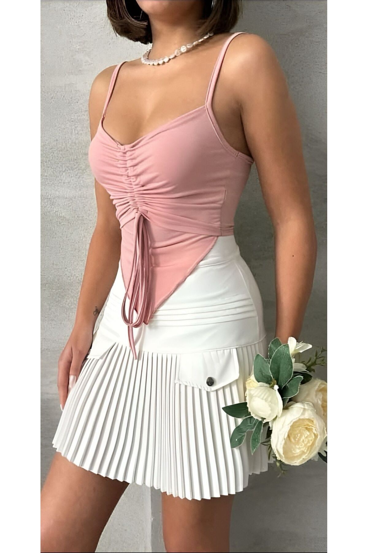 Önü Büzgülü Askılı Crop - pembe
