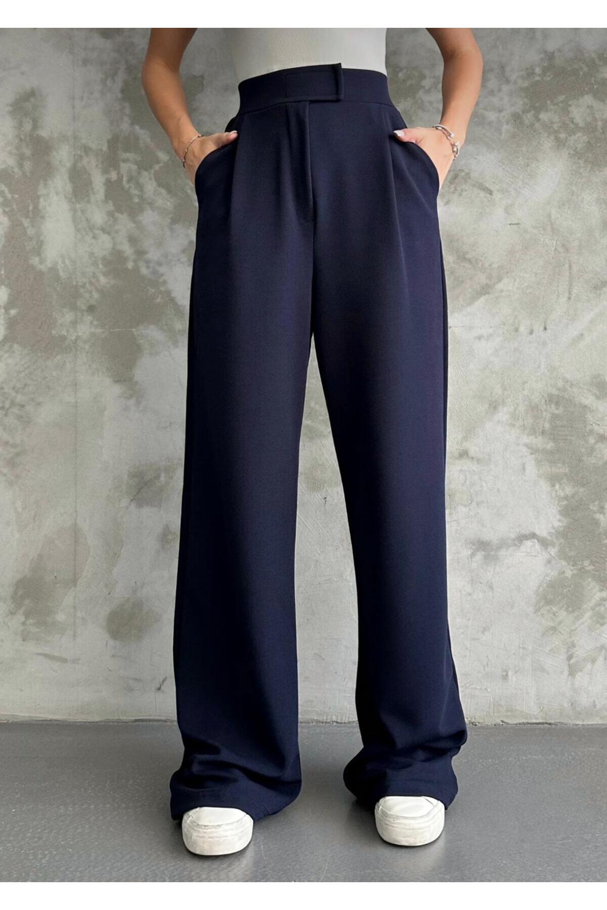 Kadın Likralı Cırt Kapama Palazzo Pantolon - Lacivert