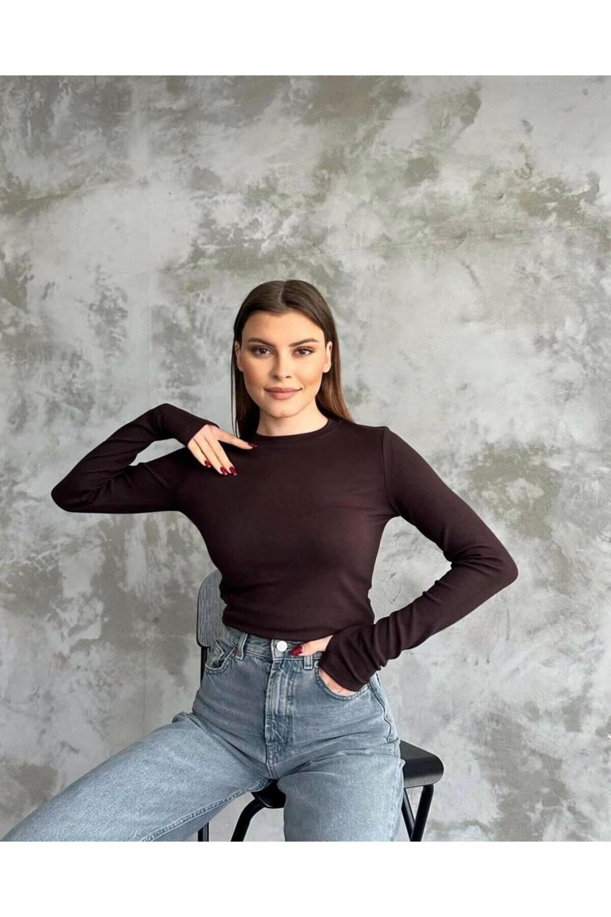 Kadın Bordo Likralı Uzun Kollu Basic Body – Fit Kalıp, Esnek ve Yumuşak Dokulu - kahverengi