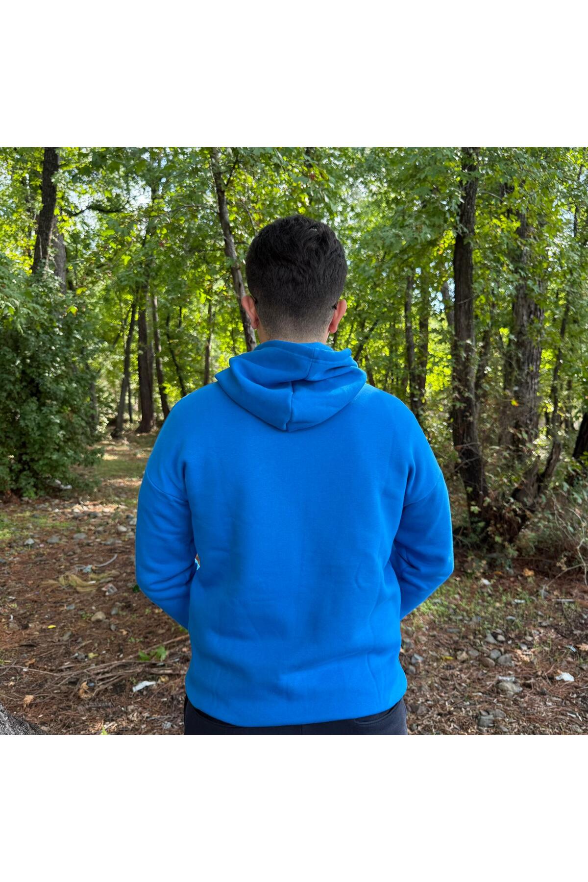 Erkek 3 İplik Basic Oversize Kanguru Cepli Kapüşonlu Sweatshirt - saks mavi