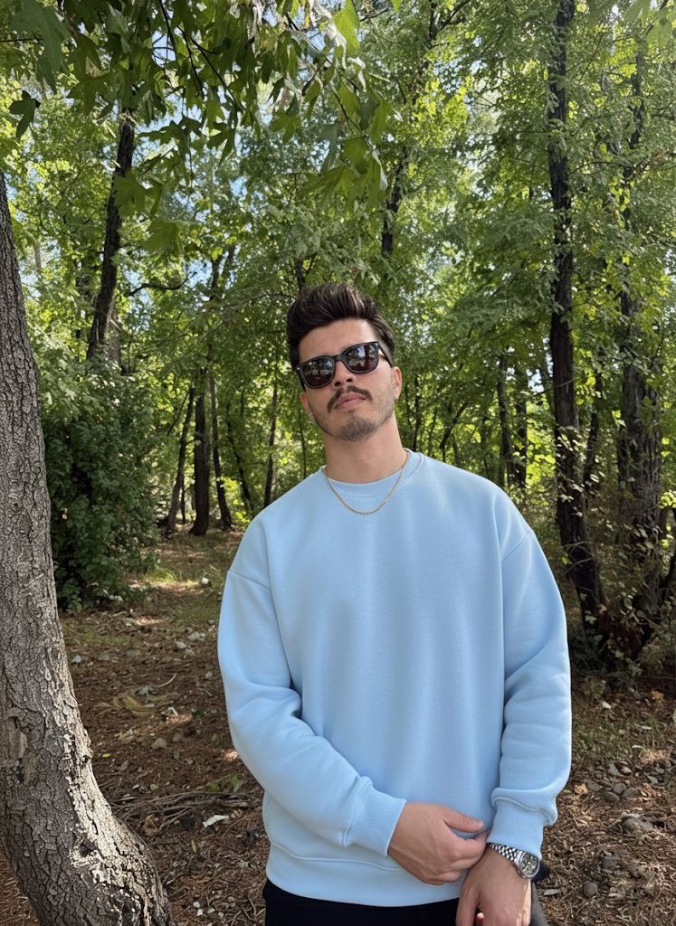 Erkek Oversize Bisiklet Yaka Geniş Kesim Sweatshirt - bebe mavi