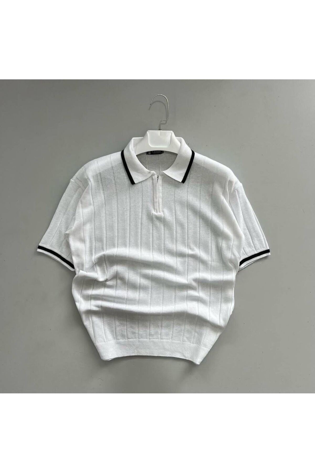 Erkek Fermuarlı Polo Yaka Örme Triko T-shirt - BEYAZ