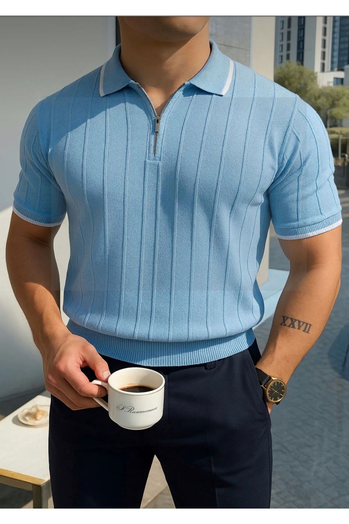 Erkek Fermuarlı Polo Yaka Örme Triko T-shirt - mavi