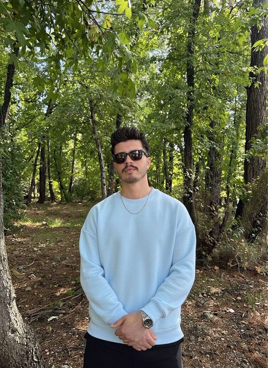 Erkek Oversize Bisiklet Yaka Geniş Kesim Sweatshirt - bebe mavi