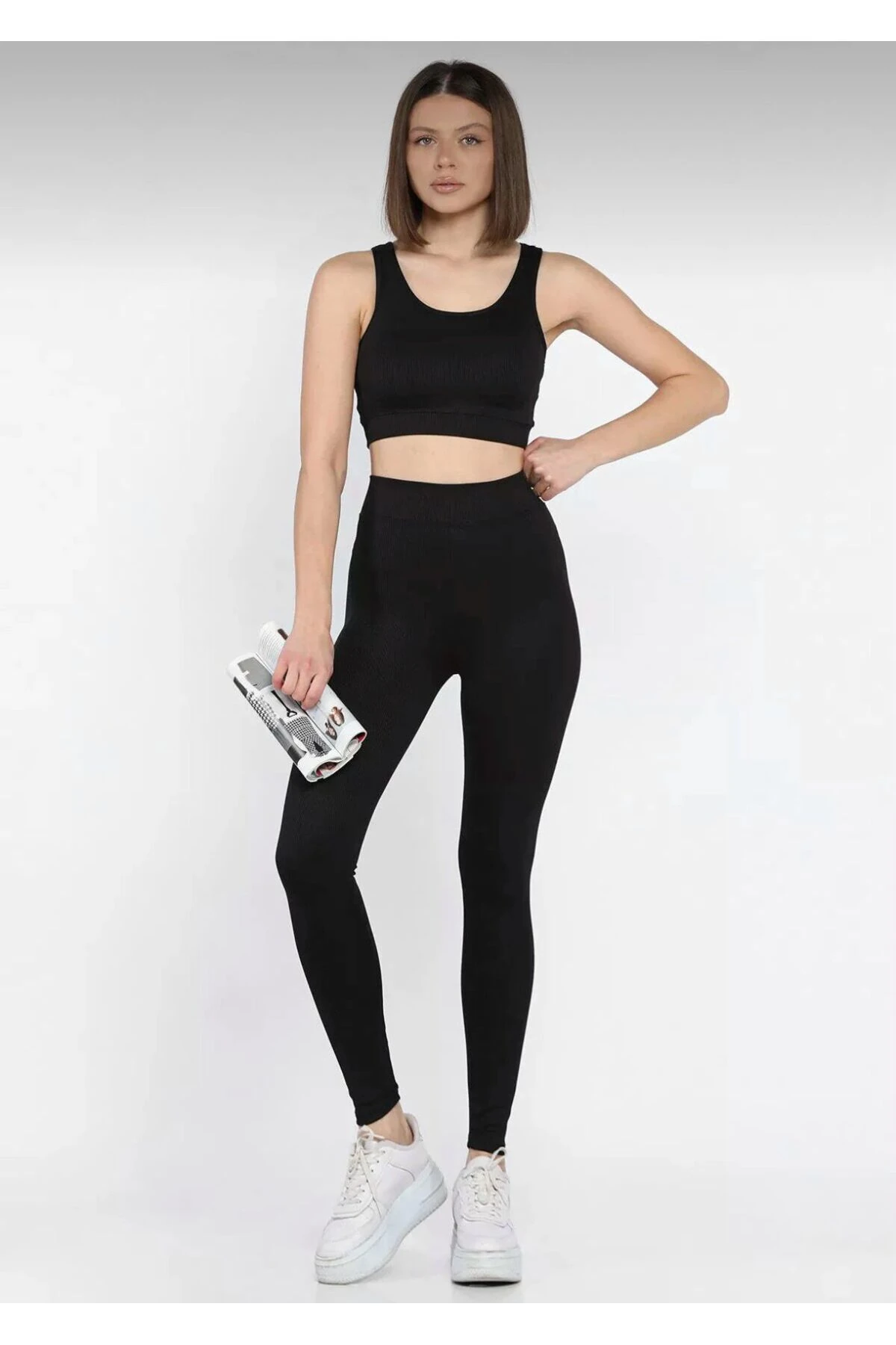 Siyah Kadın Kalın Askılı Fitilli Crop Yüksek Bel Sporcu Tayt İkili Takım